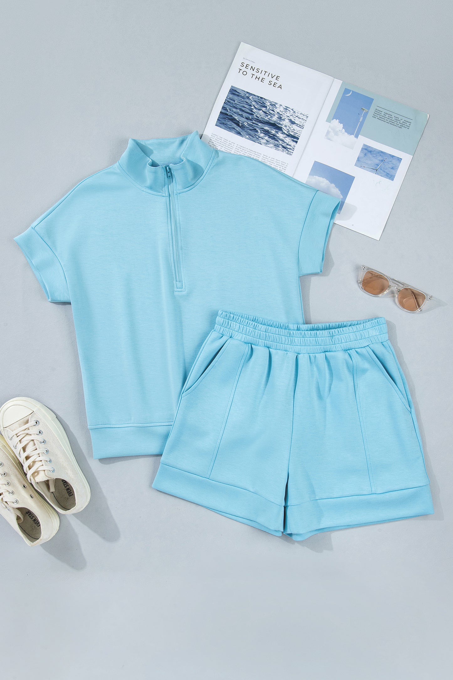 Myosotis Half Zip High Neck Tee Athleisure Short Set-Two Piece Sets/Short Sets-[Adult]-[Female]-2022 Online Blue Zone Planet