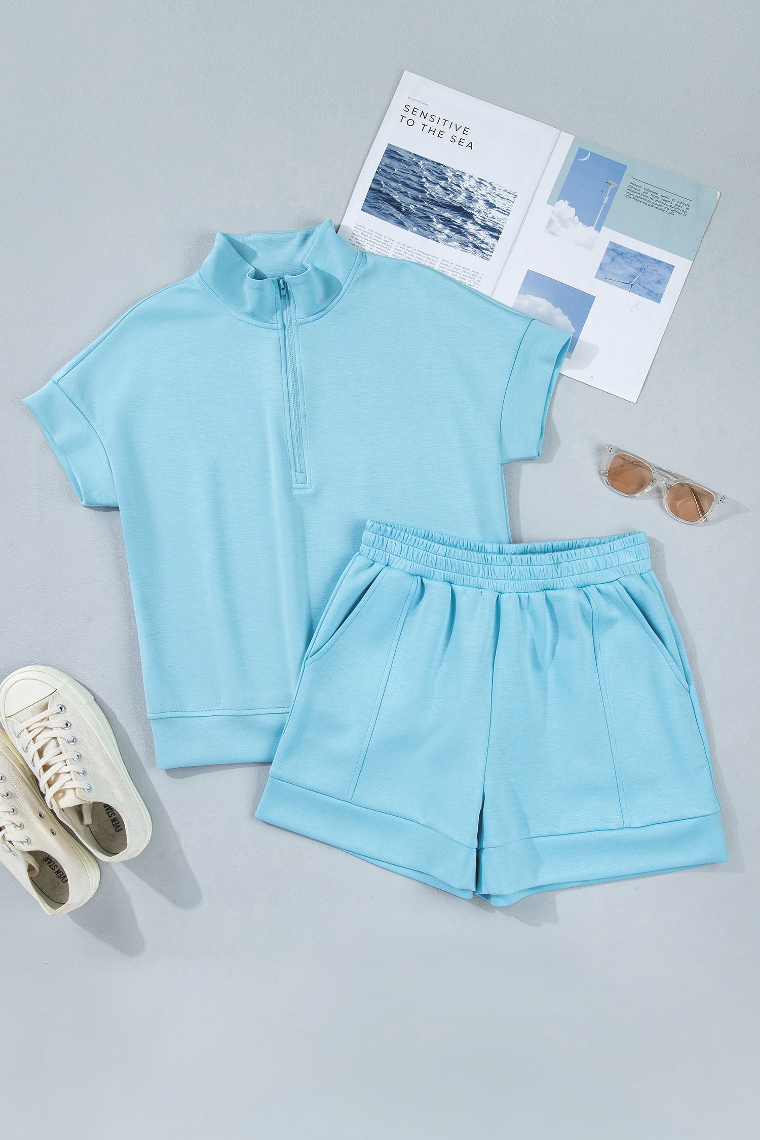 Myosotis Half Zip High Neck Tee Athleisure Short Set-Two Piece Sets/Short Sets-[Adult]-[Female]-2022 Online Blue Zone Planet