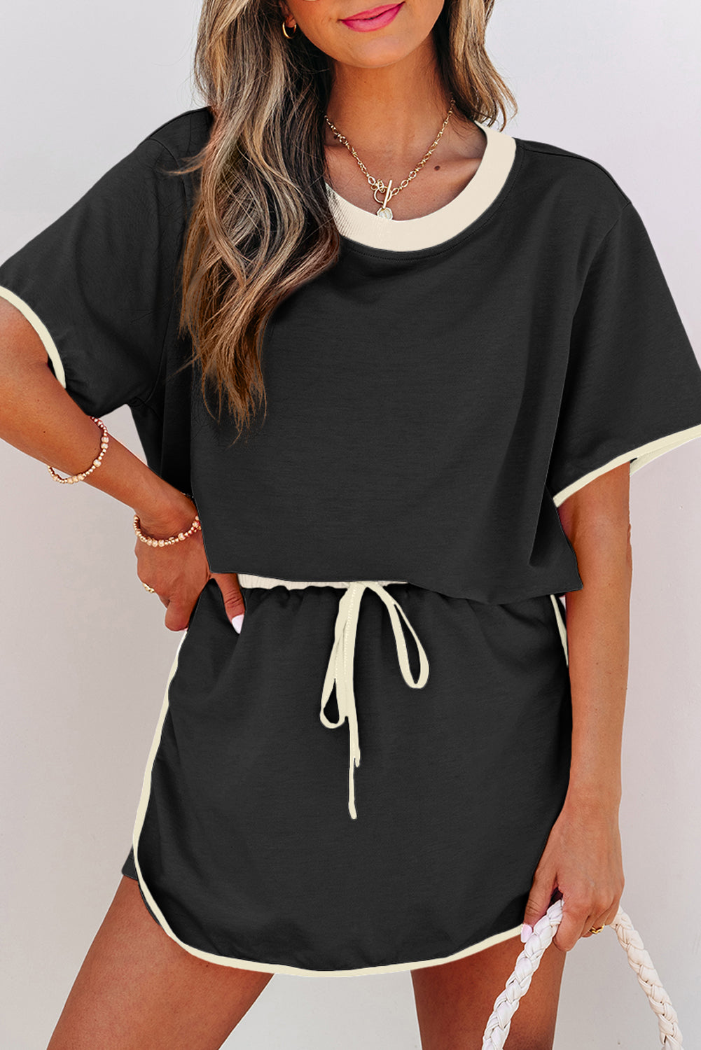 Black Colorblock Edge Drop Shoulder T Shirt and Skort 2Pcs Set-Two Piece Sets/Two Piece Dresses-[Adult]-[Female]-2022 Online Blue Zone Planet