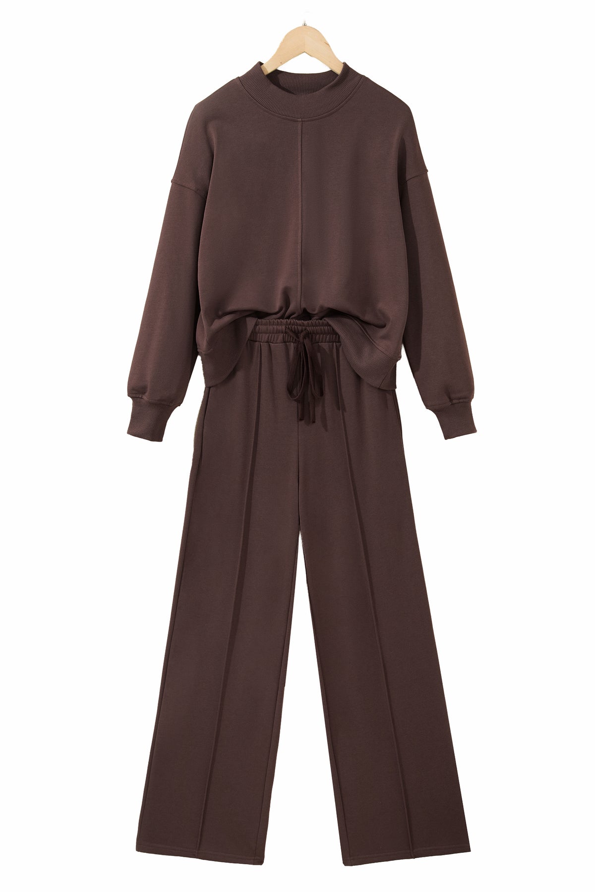 Coffee Solid Color Piping Trim Mock Neck Pullover Drawstring Pants Set-Two Piece Sets/Pant Sets-[Adult]-[Female]-2022 Online Blue Zone Planet