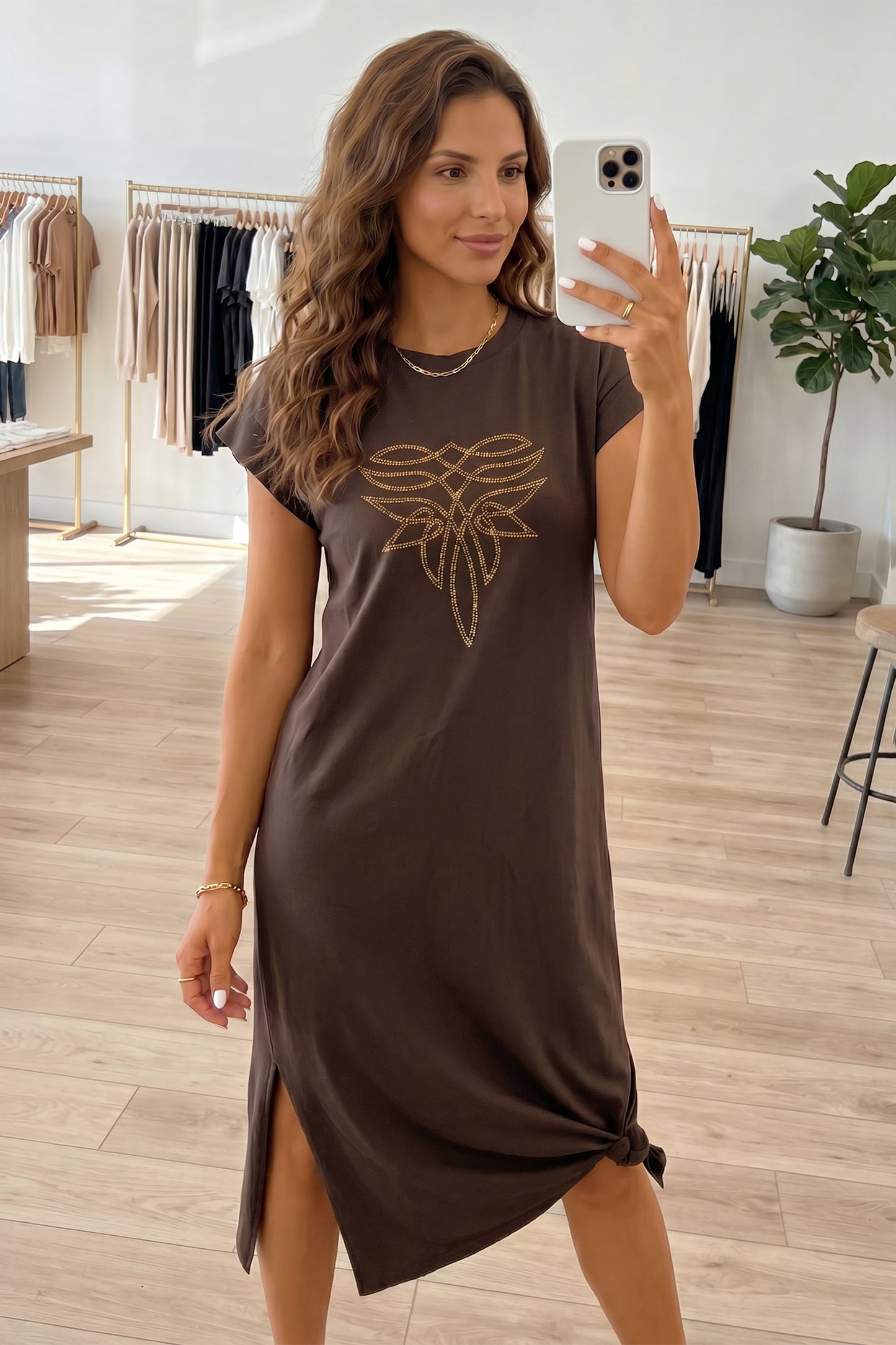 Red Sandalwood Rhinestone Western Graphic Side Slit Midi T-Shirt Dress-TOPS / DRESSES-[Adult]-[Female]-2022 Online Blue Zone Planet