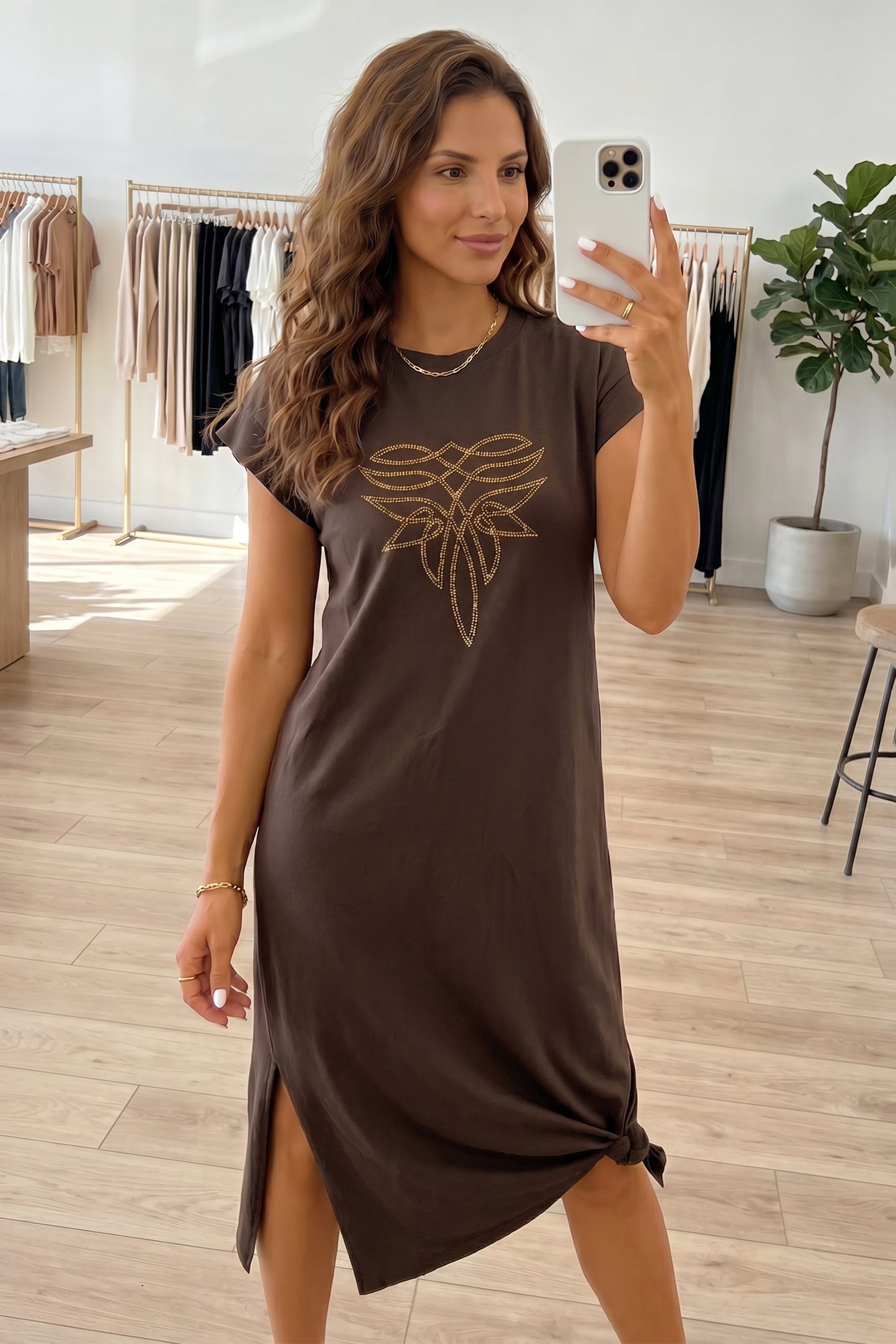 Red Sandalwood Rhinestone Western Graphic Side Slit Midi T-Shirt Dress-TOPS / DRESSES-[Adult]-[Female]-2022 Online Blue Zone Planet