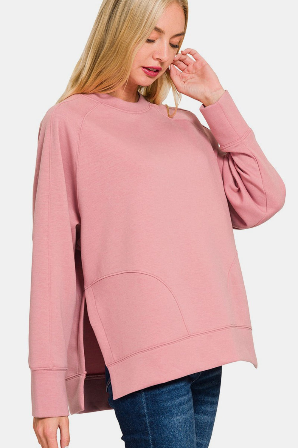 Zenana Scuba Round Neck Side Slit Sweatshirt-TOPS / DRESSES-[Adult]-[Female]-Lt Rose-S-2022 Online Blue Zone Planet