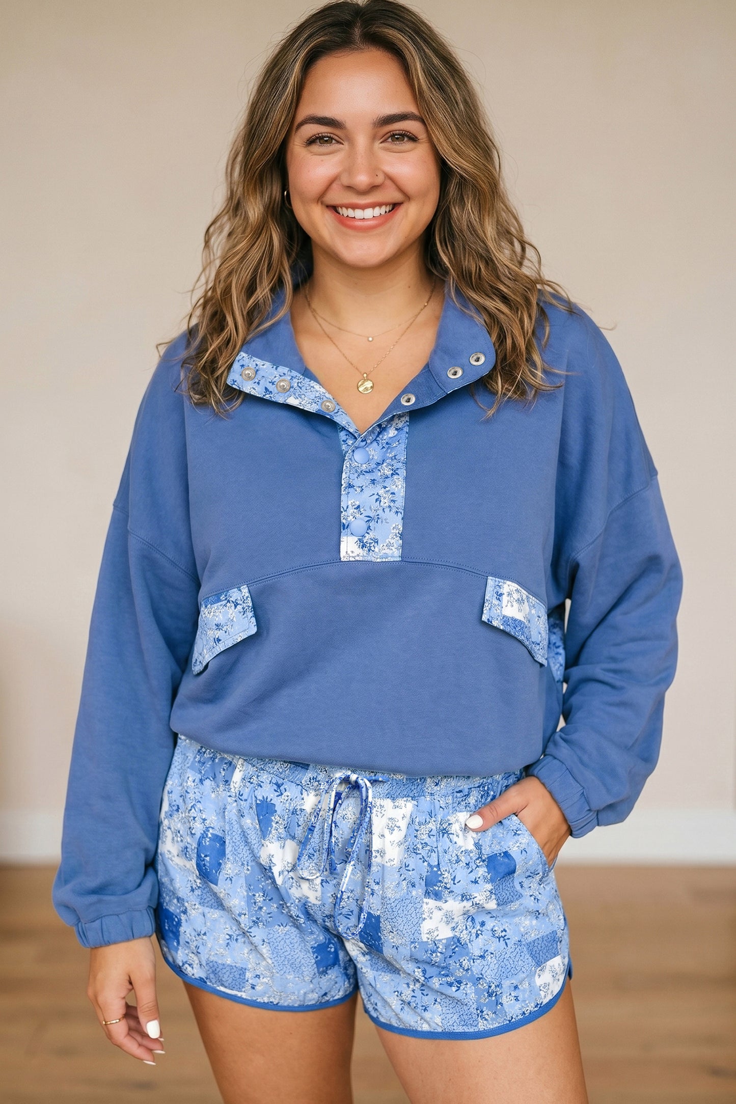Blue Floral Patchwork V-Neck Long Sleeve Short Bottoms Plus Size Set-Plus Size/Plus Size Sweatshirts & Hoodies-[Adult]-[Female]-2022 Online Blue Zone Planet