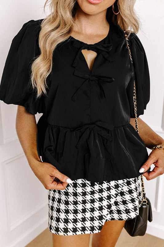 Cutout Round Neck Puff Sleeve Blouse-TOPS / DRESSES-[Adult]-[Female]-Black-S-2022 Online Blue Zone Planet