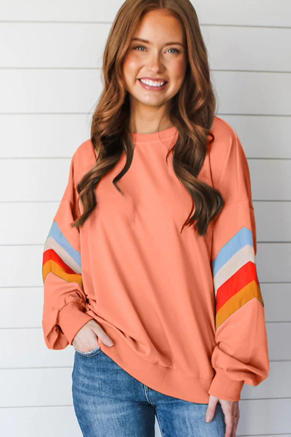 Contrast Round Neck Long Sleeve Sweatshirt-TOPS / DRESSES-[Adult]-[Female]-2022 Online Blue Zone Planet