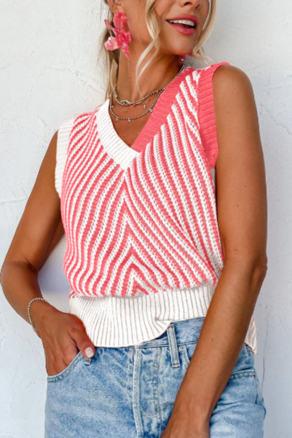 Striped Contrast V-Neck Sweater Vest-TOPS / DRESSES-[Adult]-[Female]-2022 Online Blue Zone Planet