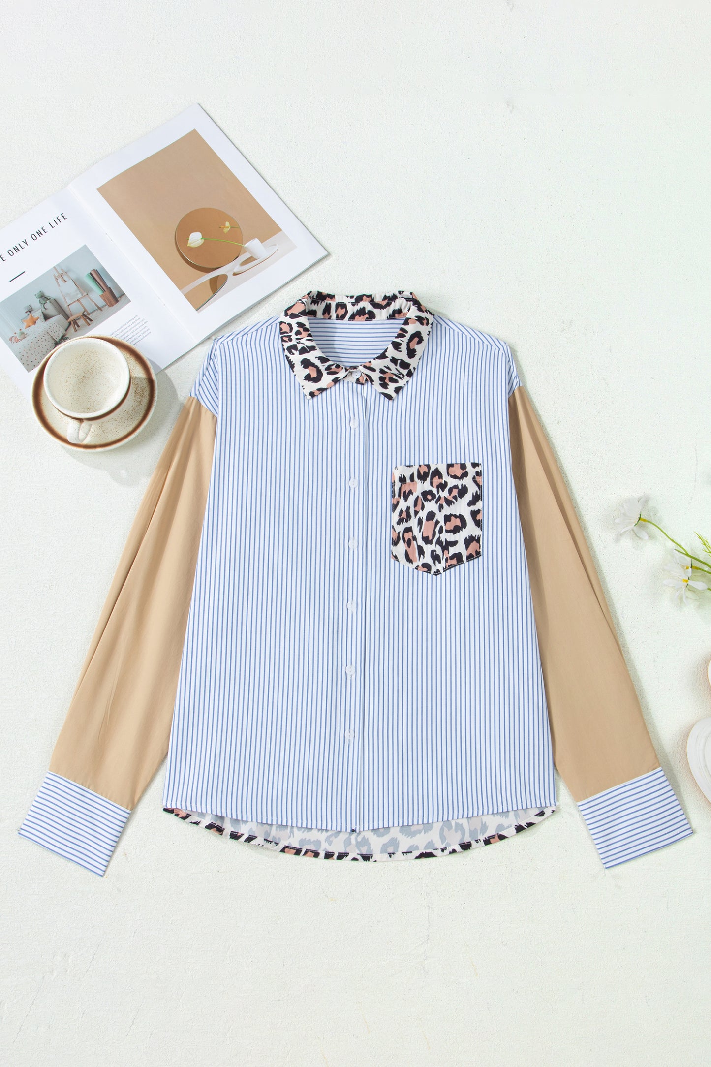 Sky Blue Stripe Colorblock Leopard Patchwork Chest Pocket Cuffed Sleeve Shirt-Tops/Blouses & Shirts-[Adult]-[Female]-2022 Online Blue Zone Planet