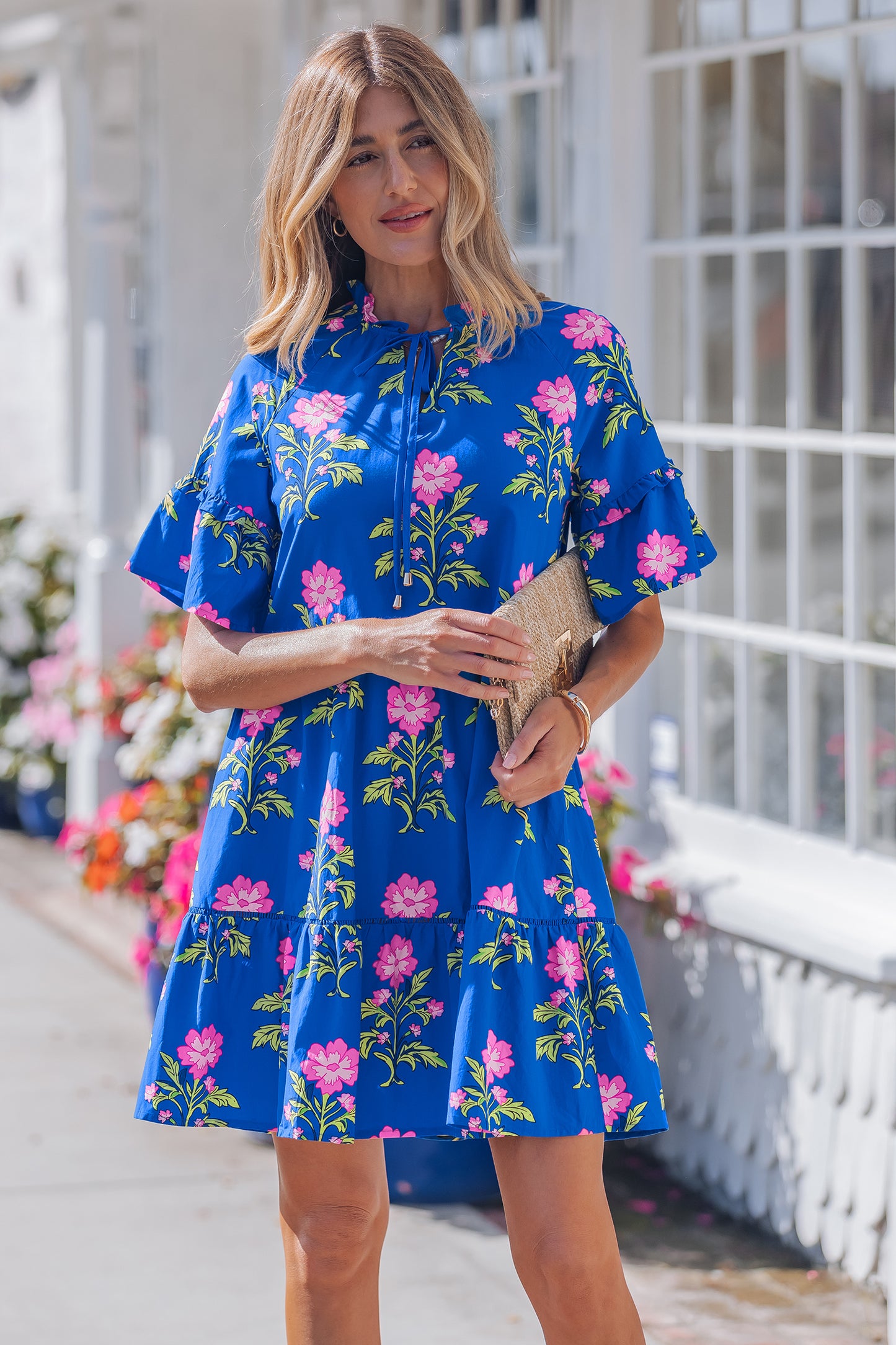 Blue V Neck Short Sleeve Loose Flower Dress-TOPS / DRESSES-[Adult]-[Female]-2022 Online Blue Zone Planet