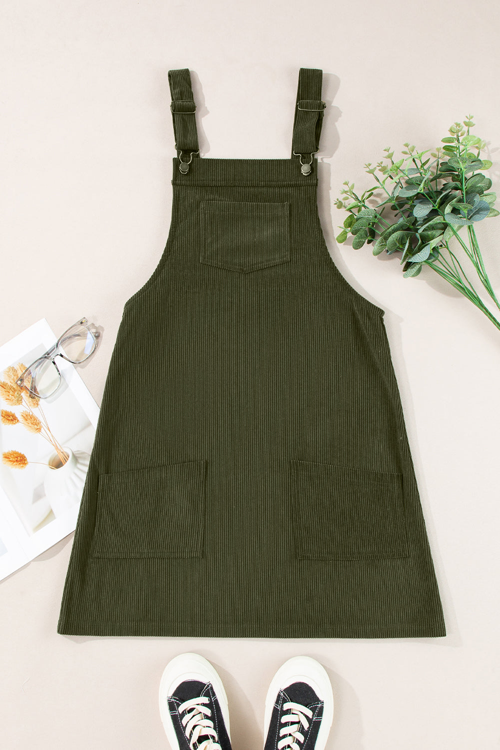 Blue Zone Planet | Vineyard Green Solid Front Pockets Sleeveless Corduroy Overall Dress-TOPS / DRESSES-[Adult]-[Female]-2022 Online Blue Zone Planet