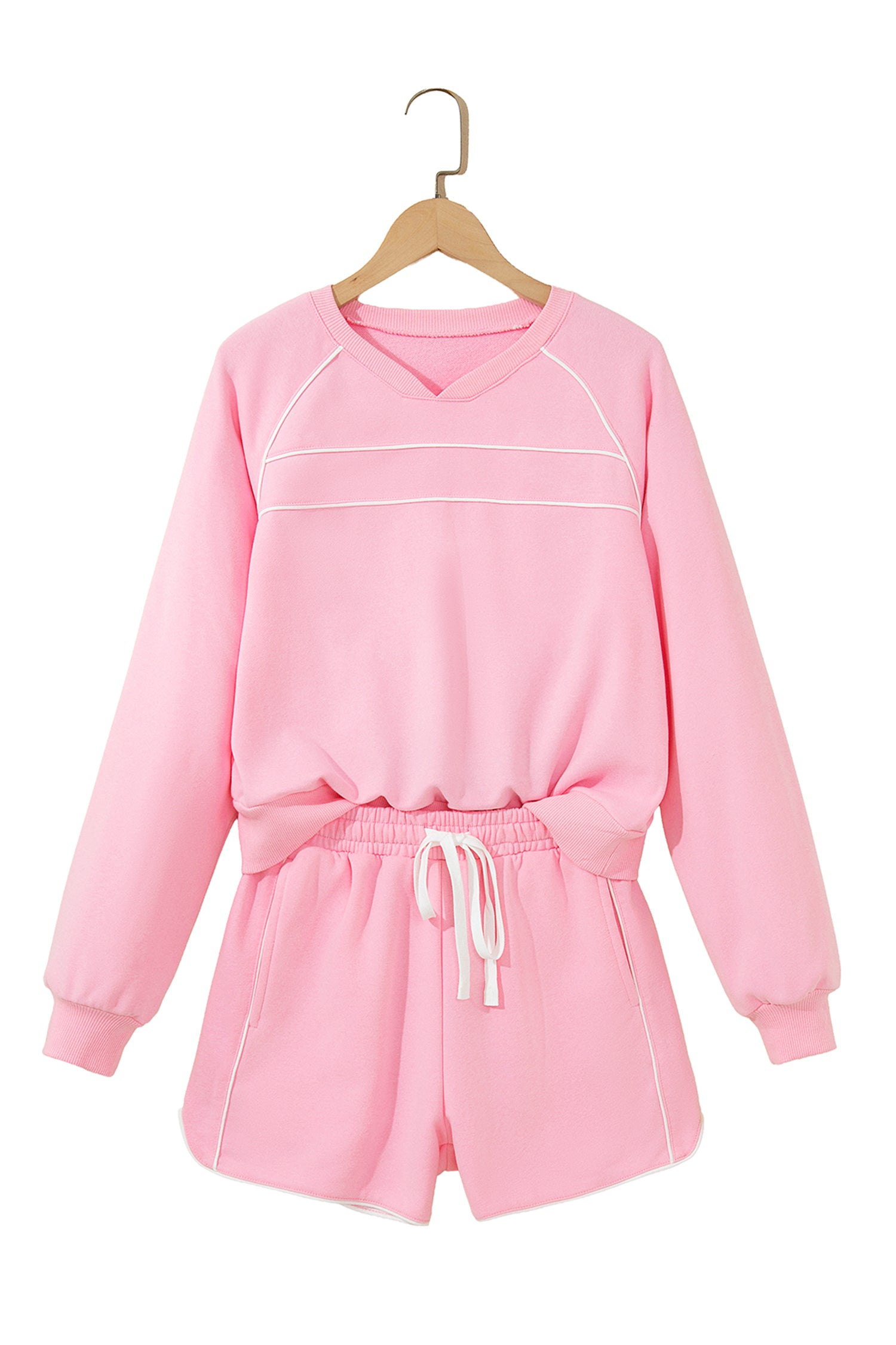 Pink Piping Trim Long Sporty Pullover Drawstring Elastic Waist Shorts Set-Two Piece Sets/Short Sets-[Adult]-[Female]-2022 Online Blue Zone Planet