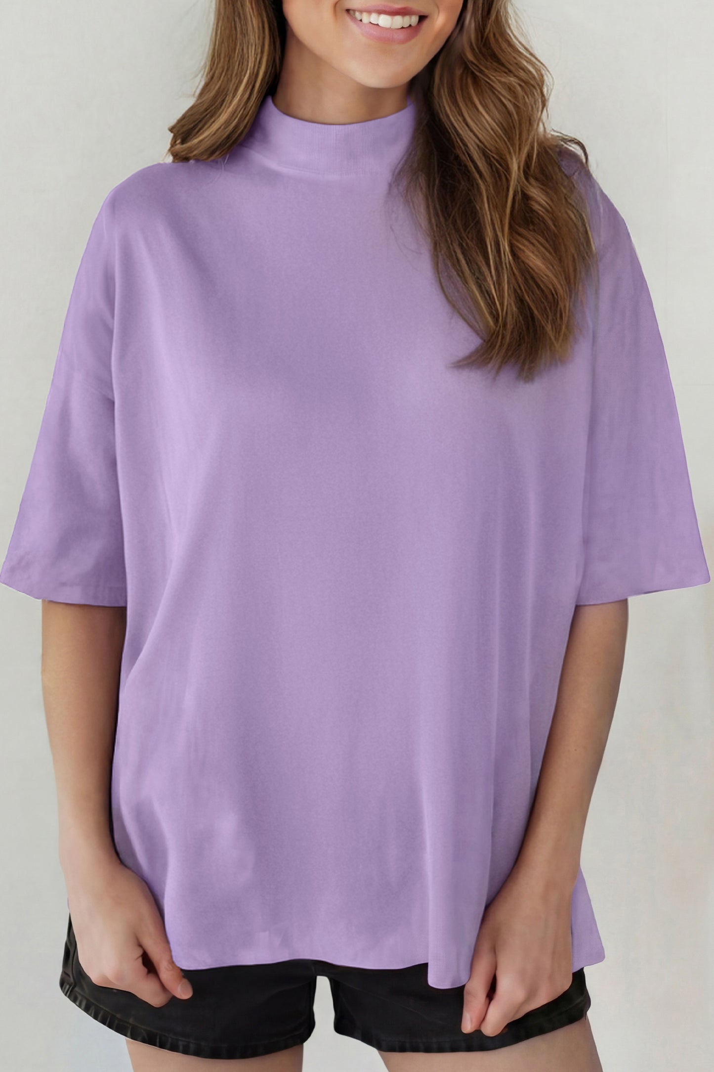 Pink Solid Color High Neck Oversize Tee-Tops/Tops & Tees-[Adult]-[Female]-Wisteria-S-2022 Online Blue Zone Planet