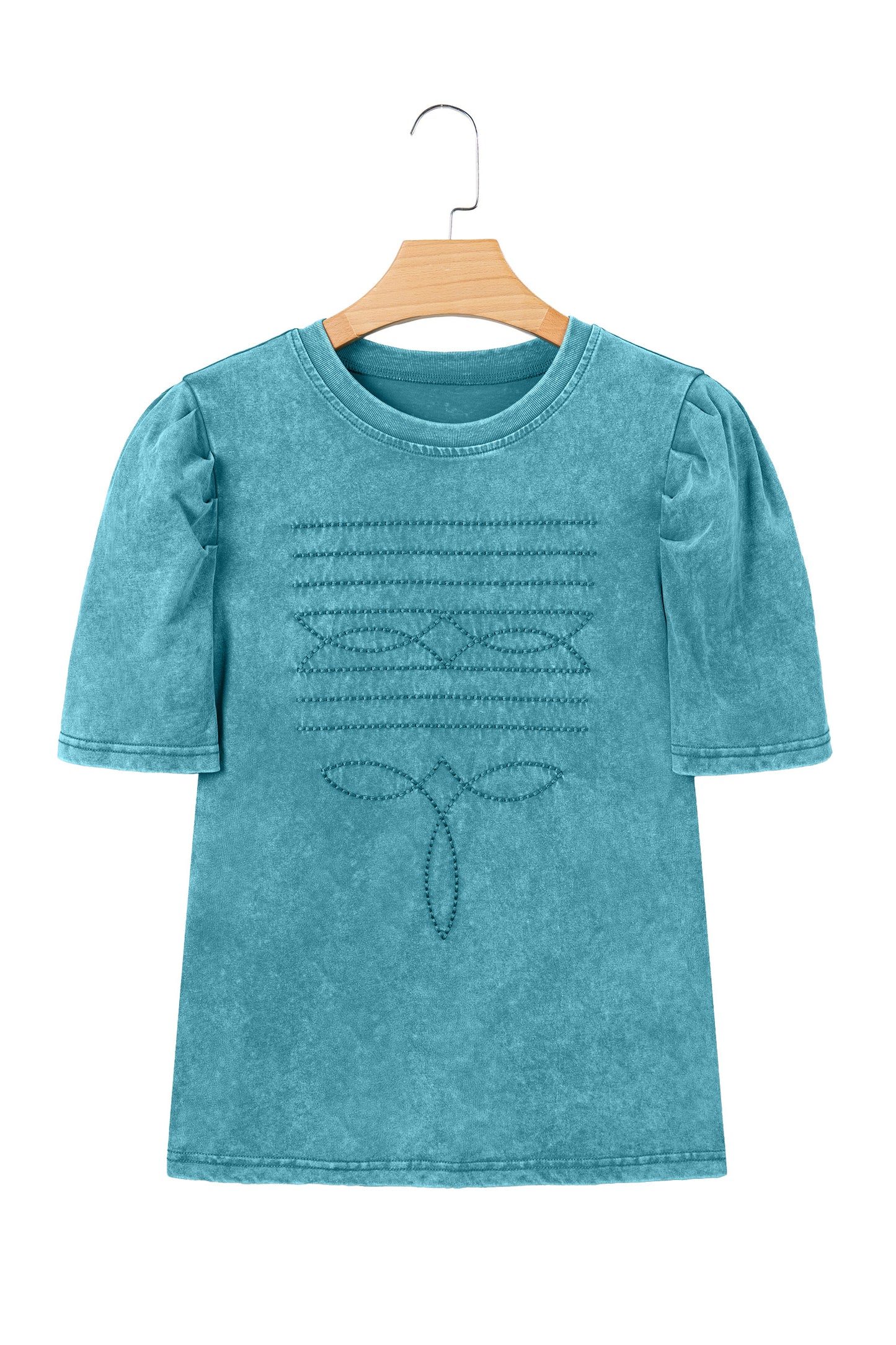 Turquoise Mineral Wash Western Embroidered Detail Short Puff Sleeve Cotton Tee-Tops/Tops & Tees-[Adult]-[Female]-2022 Online Blue Zone Planet