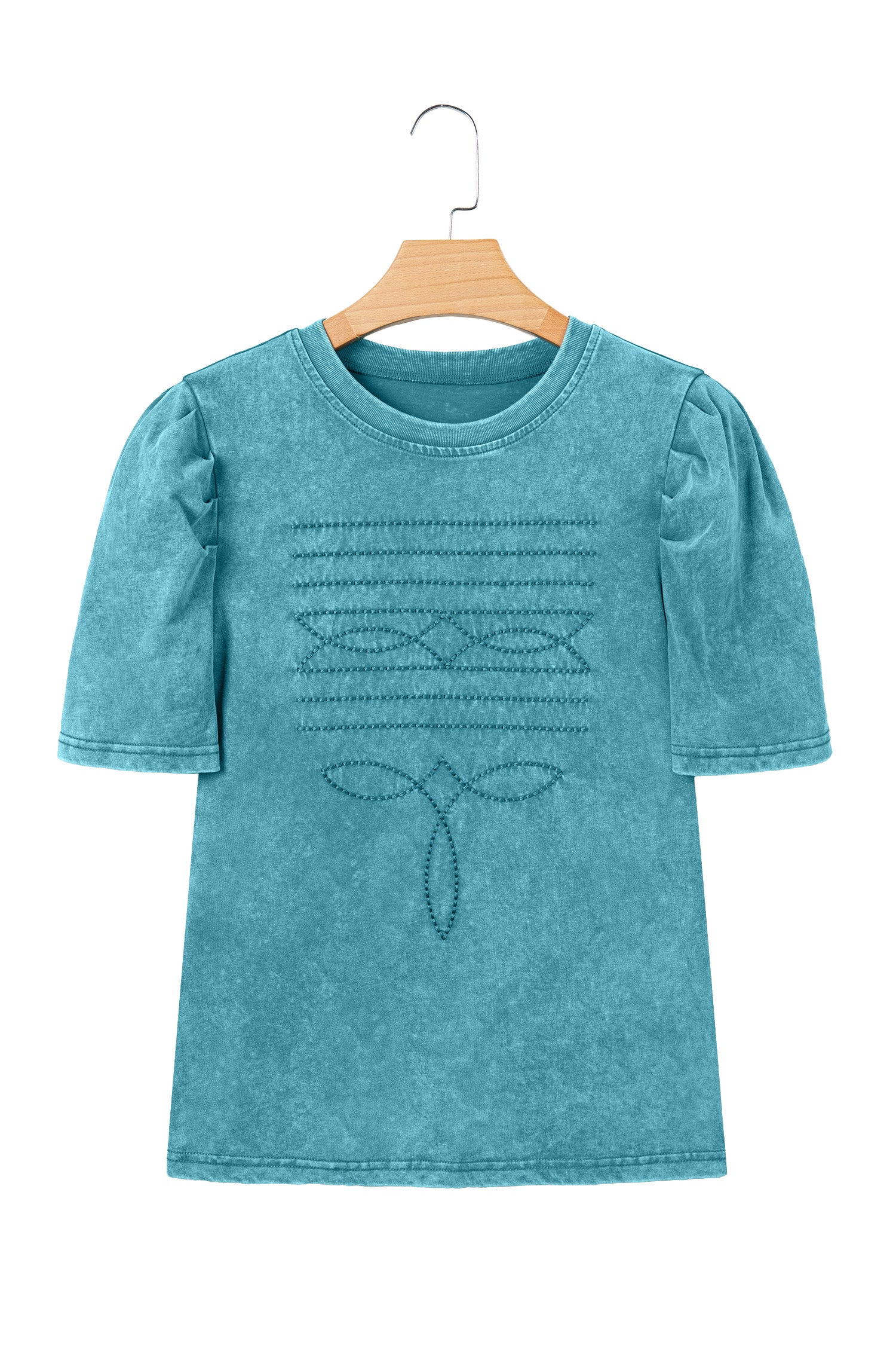 Turquoise Mineral Wash Western Embroidered Detail Short Puff Sleeve Cotton Tee-Tops/Tops & Tees-[Adult]-[Female]-2022 Online Blue Zone Planet