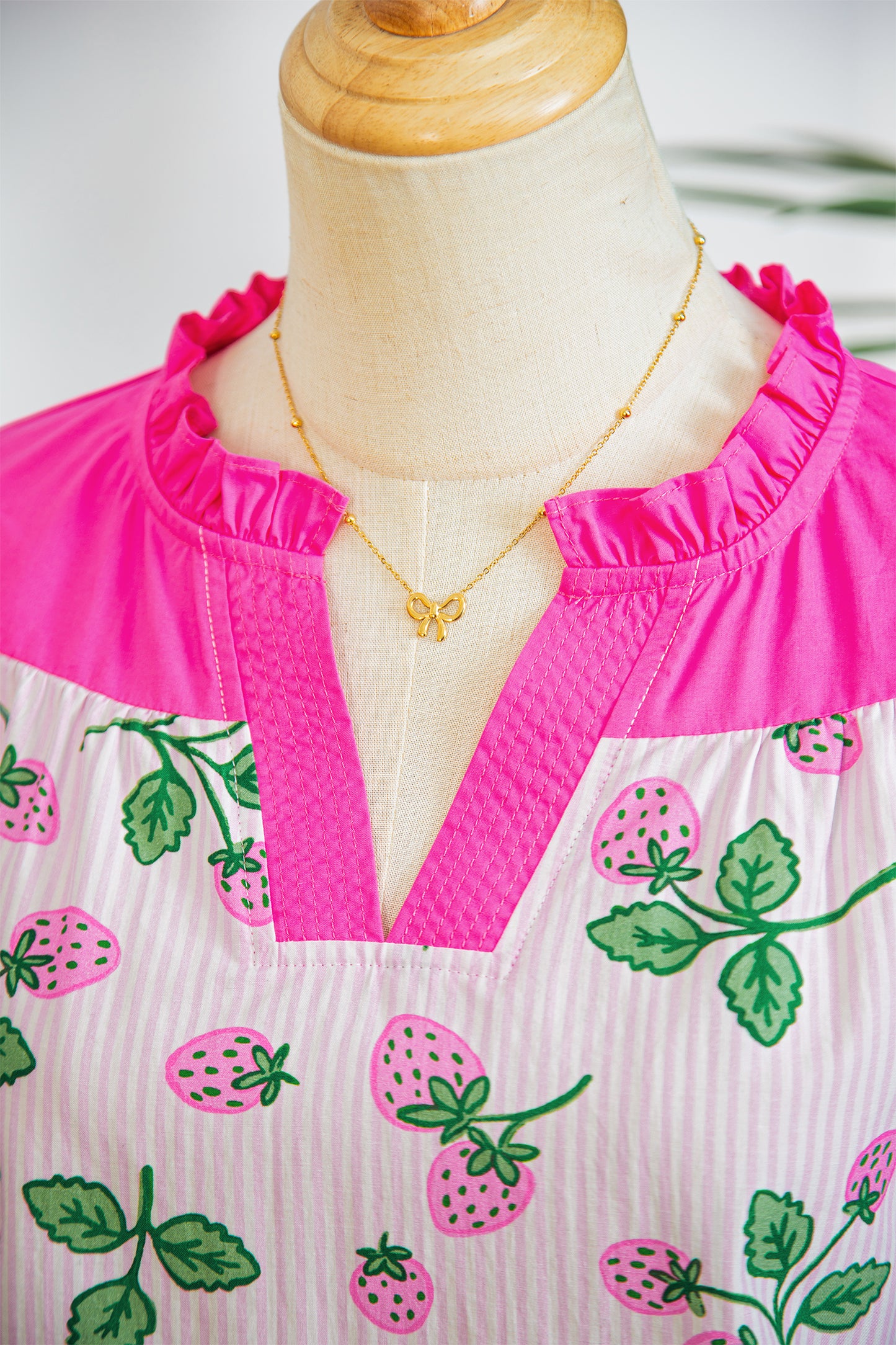 Pink Striped Strawberry Printed Color Block Patchwork V Neck Flutter Sleeve Blouse-Tops/Blouses & Shirts-[Adult]-[Female]-2022 Online Blue Zone Planet