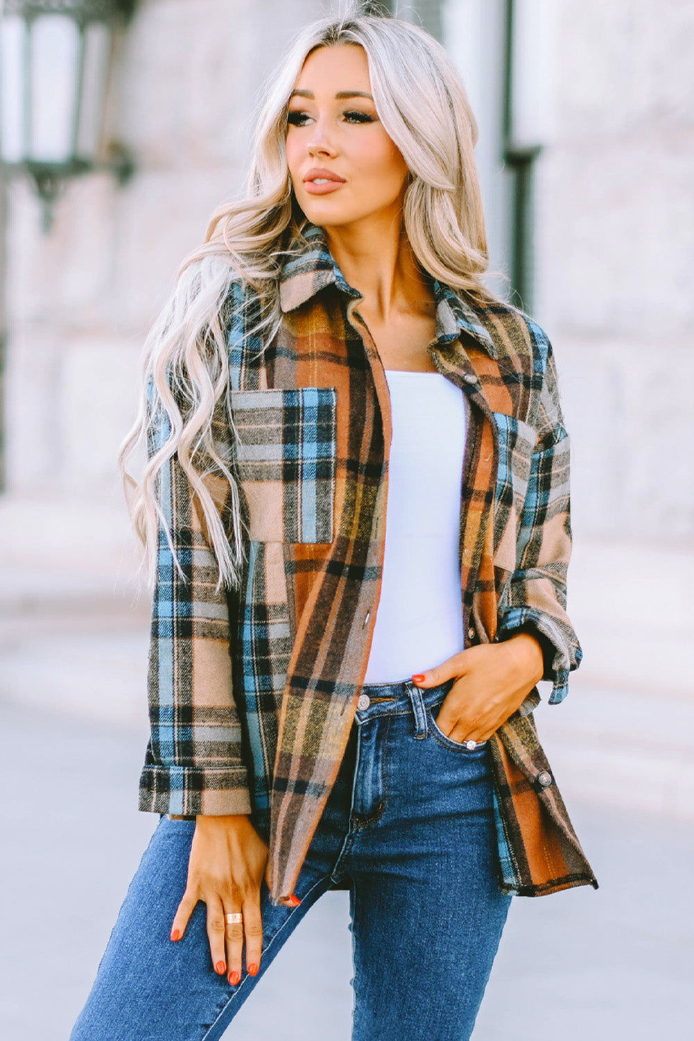 Brown Plaid Color Block Buttoned Shirt with Pockets-Tops/Blouses & Shirts-[Adult]-[Female]-2022 Online Blue Zone Planet