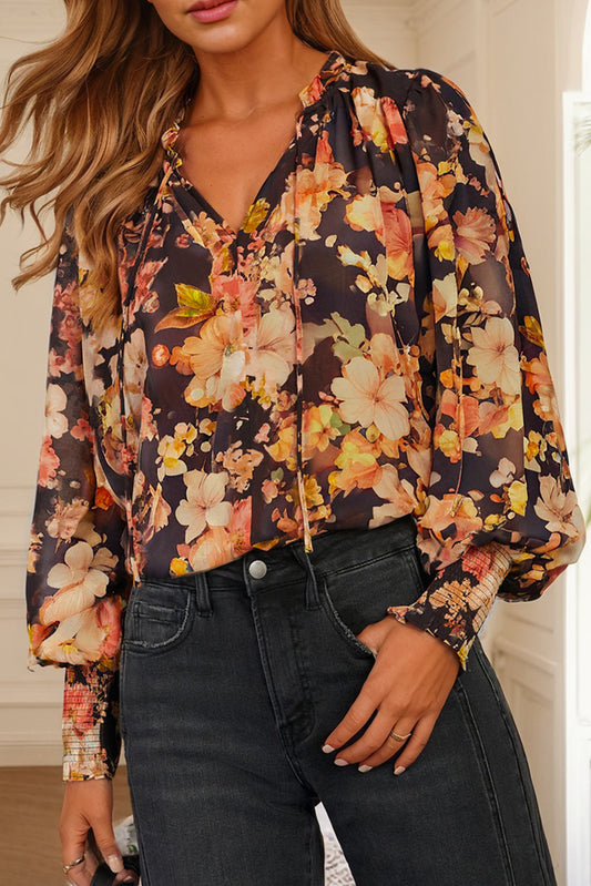 Black Floral V Neck Long Puff Sleeve Breezy Blouse-Tops/Blouses & Shirts-[Adult]-[Female]-Black-S-2022 Online Blue Zone Planet