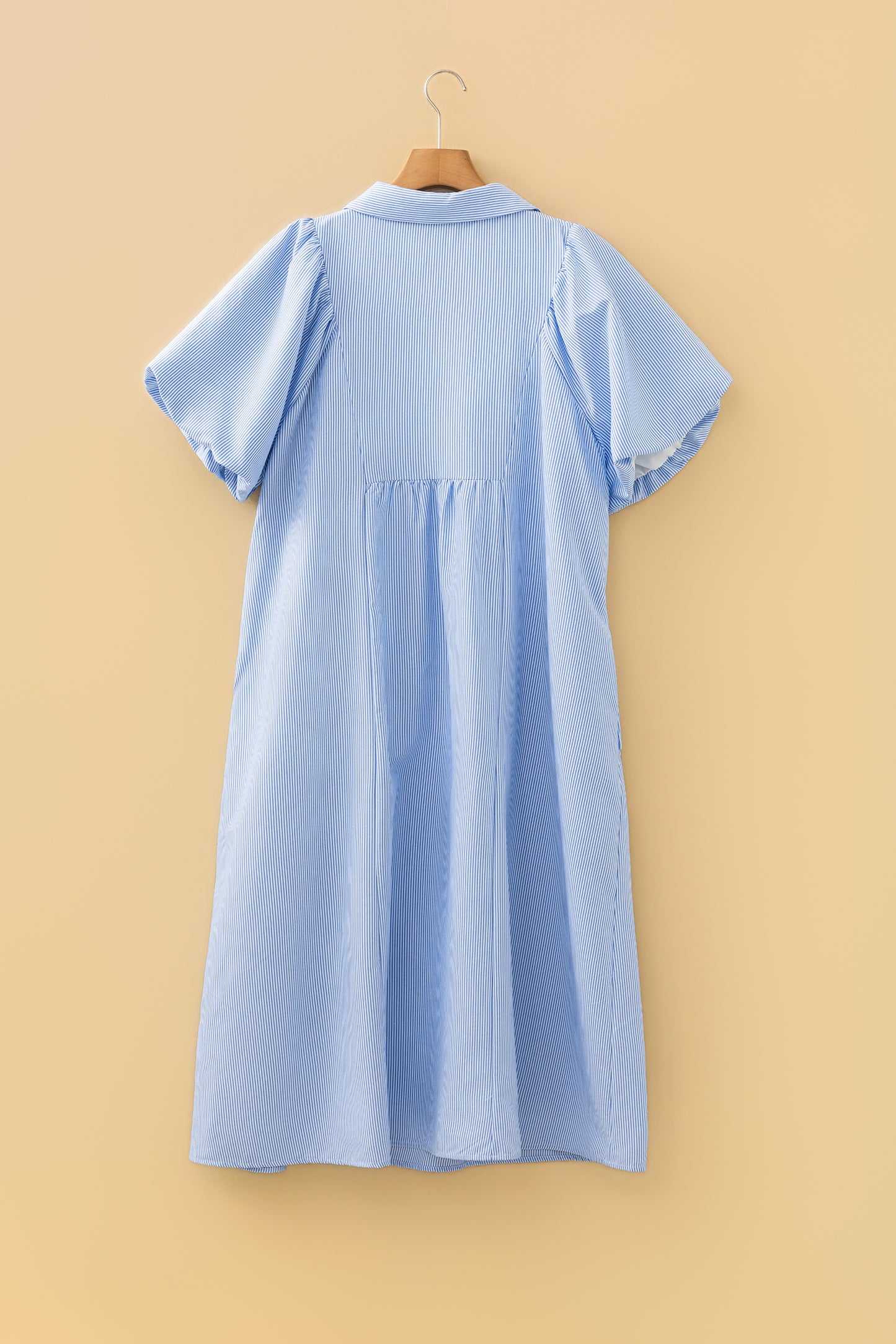 Sky Blue Stripe Shirred Detail Collar V Neck Plus Size Midi Dress-TOPS / DRESSES-[Adult]-[Female]-2022 Online Blue Zone Planet