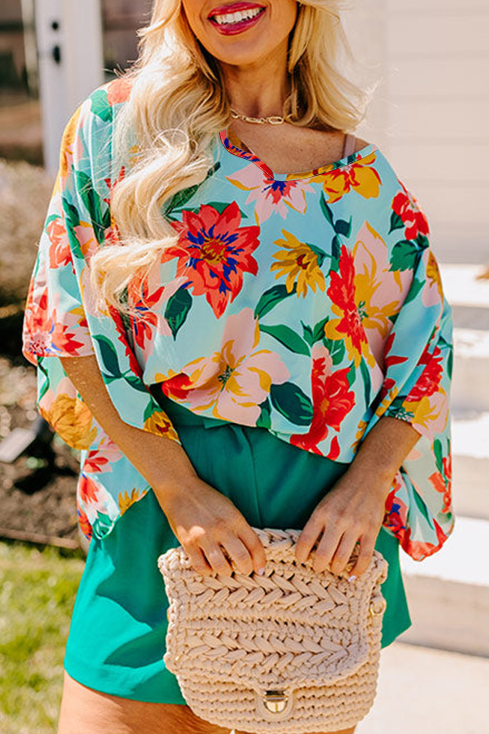 Sky Blue Plus Size Floral Print V Neck Batwing Sleeve Blouse-Plus Size/Plus Size Tops/Plus Size Blouses & Shirts-[Adult]-[Female]-Sky Blue-1X-2022 Online Blue Zone Planet