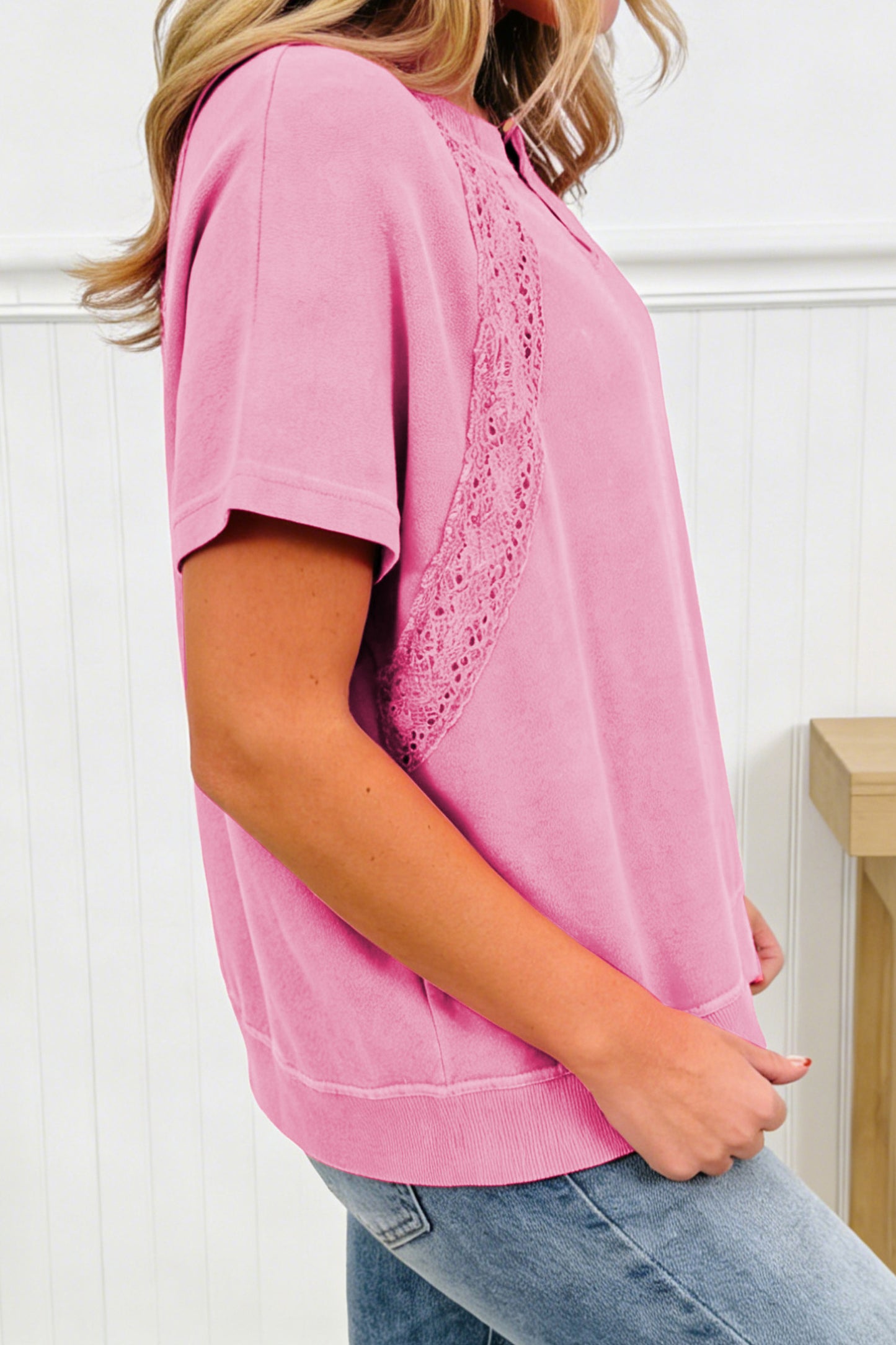 Mint Green Raw Cut Notched Neck Lace Patchwork Detail Mineral Wash Tee-Tops/Tops & Tees-[Adult]-[Female]-2022 Online Blue Zone Planet