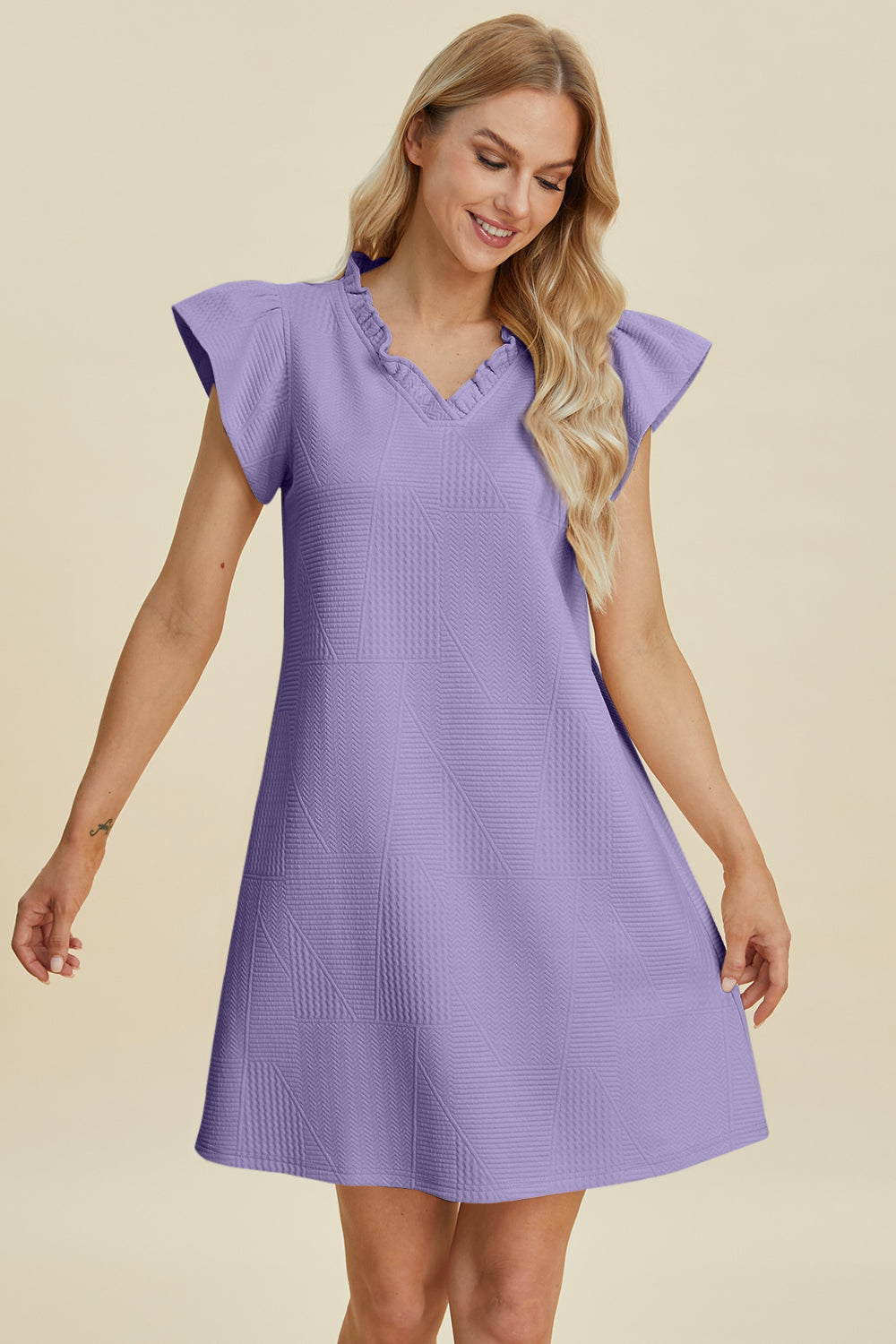 Double Take Full Size Ruffled V-Neck Cap Sleeve Dress-TOPS / DRESSES-[Adult]-[Female]-2022 Online Blue Zone Planet