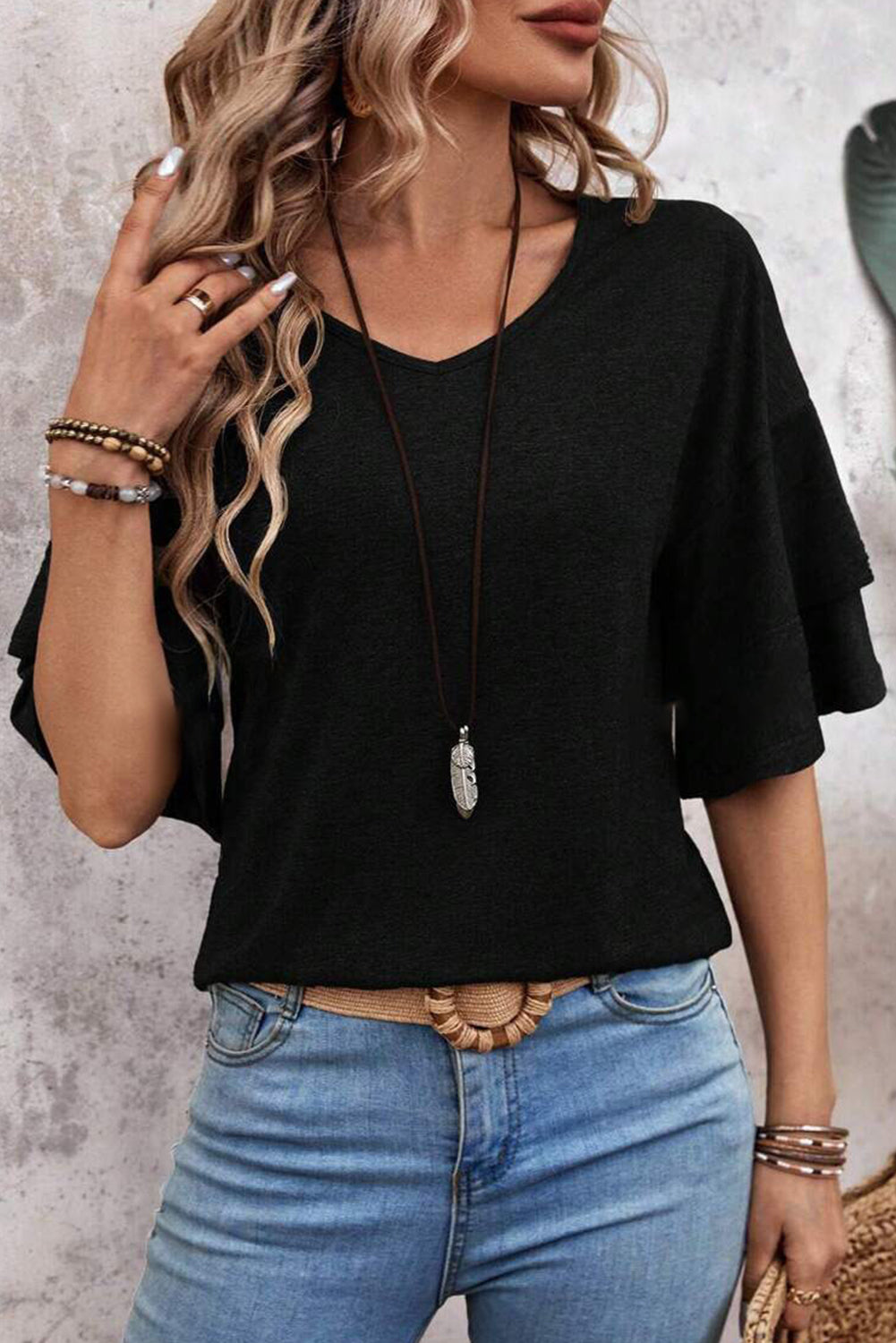 Black Solid Colour V-Neck Double Layer Sleeve Loose T-Shirt-Tops/Tops & Tees-[Adult]-[Female]-2022 Online Blue Zone Planet