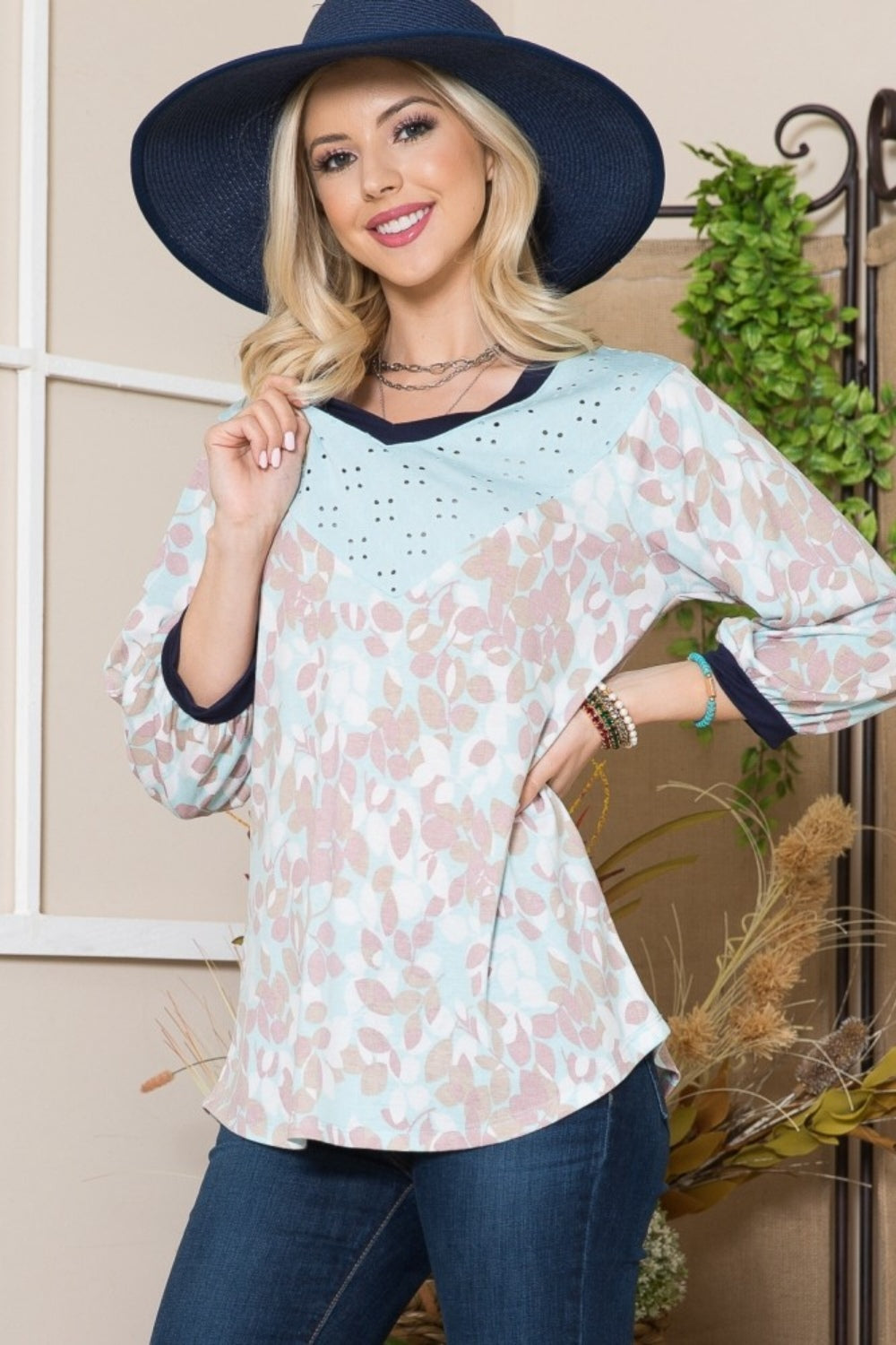 Celeste Full Size Leaf Print Contrast Trim Balloon Sleeve Top-TOPS / DRESSES-[Adult]-[Female]-2022 Online Blue Zone Planet