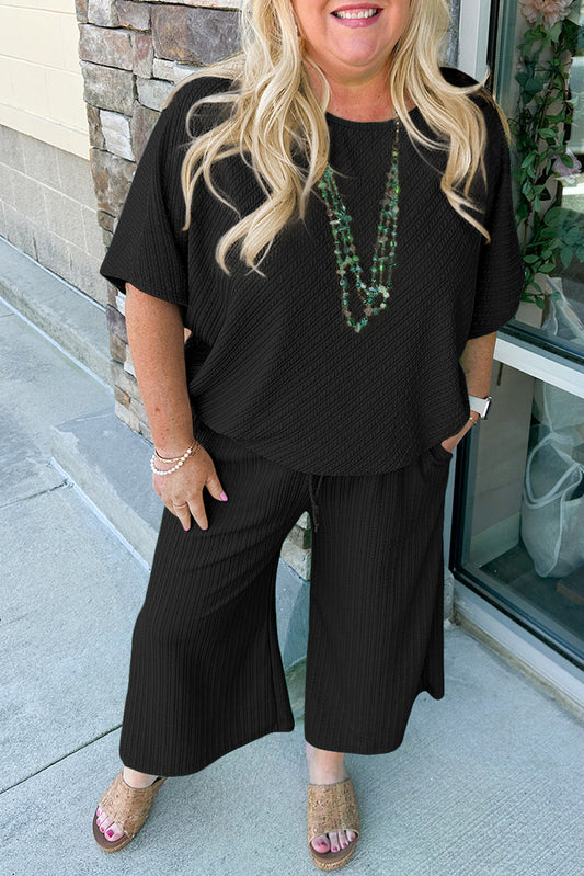 Black Textured Batwing Sleeve Tee Wide Leg Pants Plus Size Set-Plus Size/Plus Size Loungewear-[Adult]-[Female]-Black-1X-2022 Online Blue Zone Planet