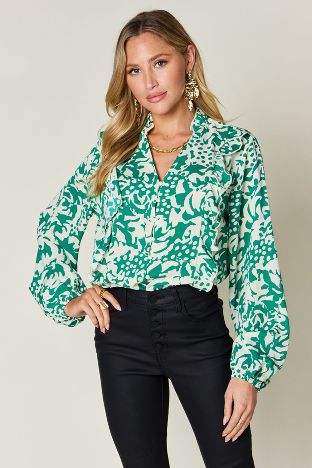 Blue Zone Planet | Double Take Full Size Printed Ruffle Trim Balloon Sleeve Shirt-TOPS / DRESSES-[Adult]-[Female]-Mid Green-S-2022 Online Blue Zone Planet