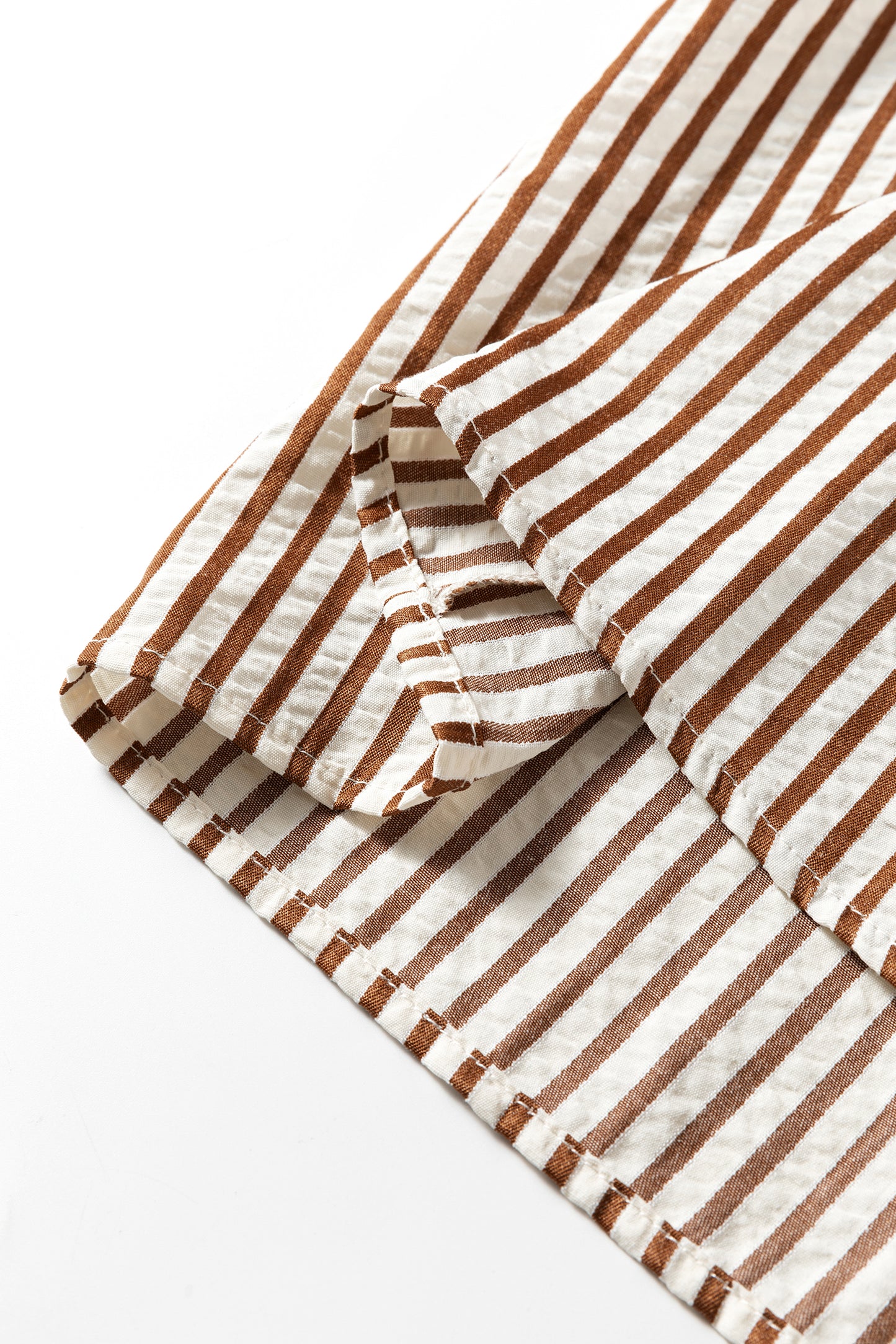 Khaki Stripe Double Ruffled Short Sleeve V Neck Blouse-Tops/Blouses & Shirts-[Adult]-[Female]-2022 Online Blue Zone Planet