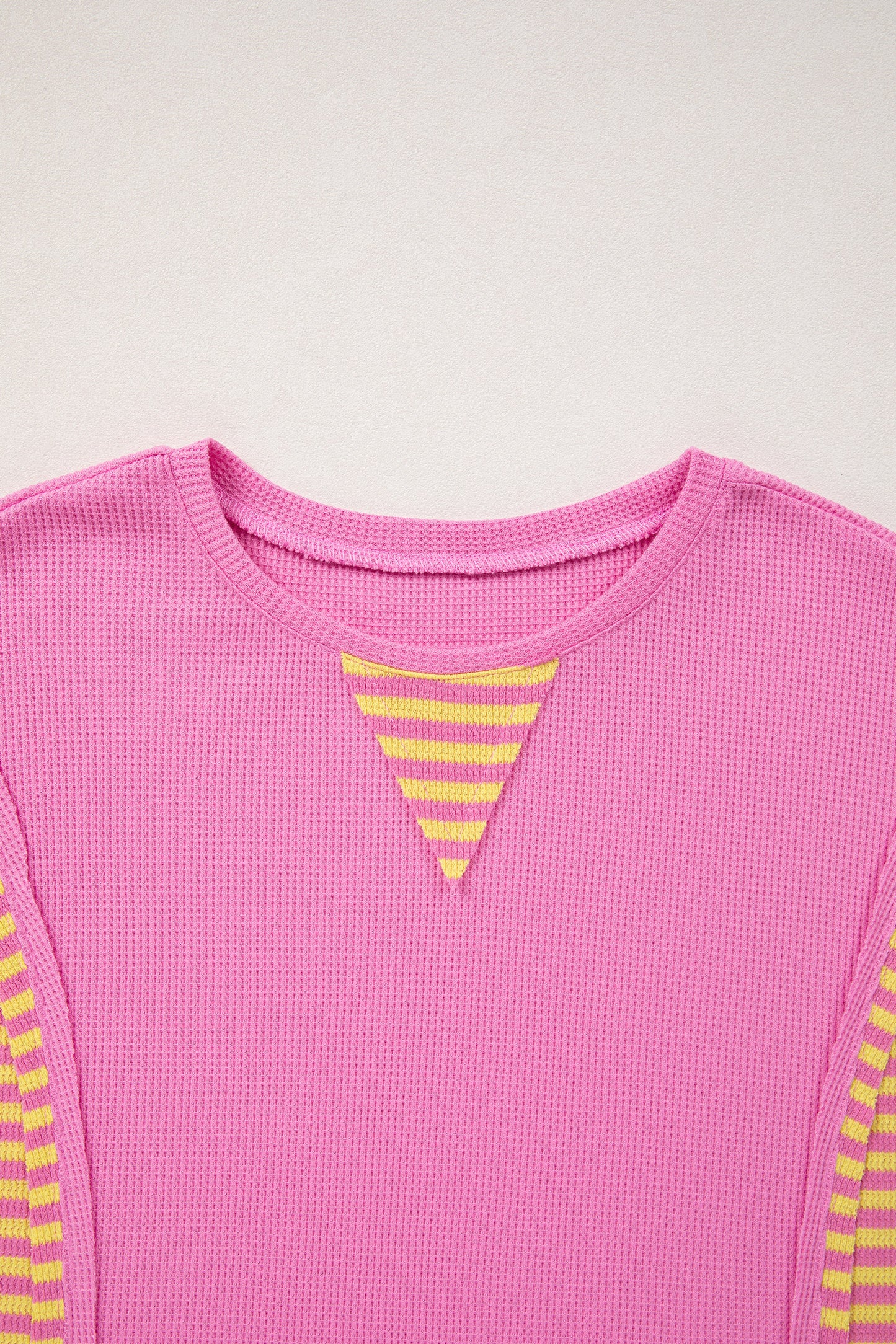 Bright Pink Waffle Textured Contrast Striped Patchwork Loose T Shirt-Tops/Tops & Tees-[Adult]-[Female]-2022 Online Blue Zone Planet