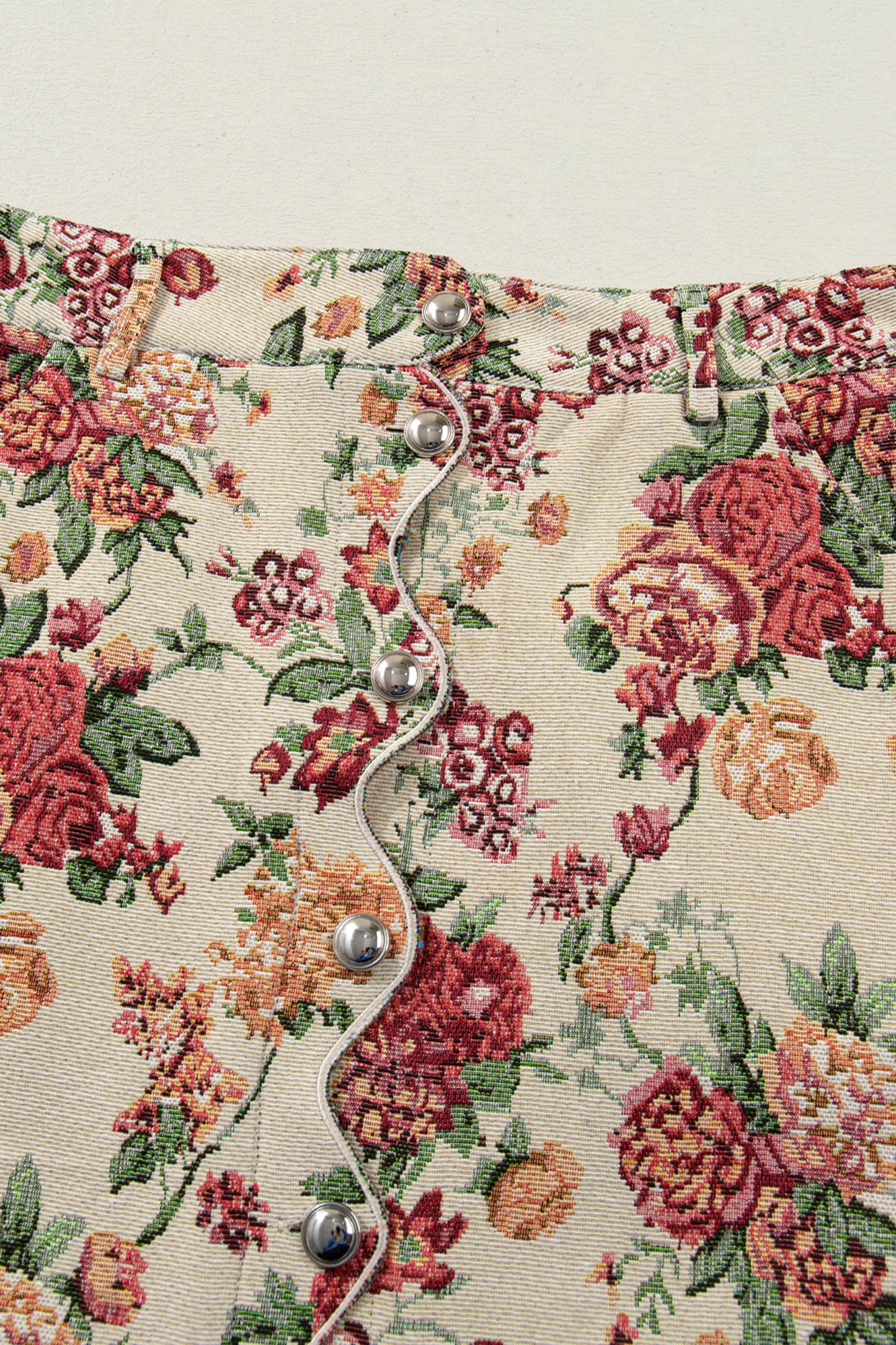 Apricot Buttoned Front Scalloped Trim Mini Jacquard Floral Skirt-Bottoms/Skirts & Petticoat-[Adult]-[Female]-2022 Online Blue Zone Planet