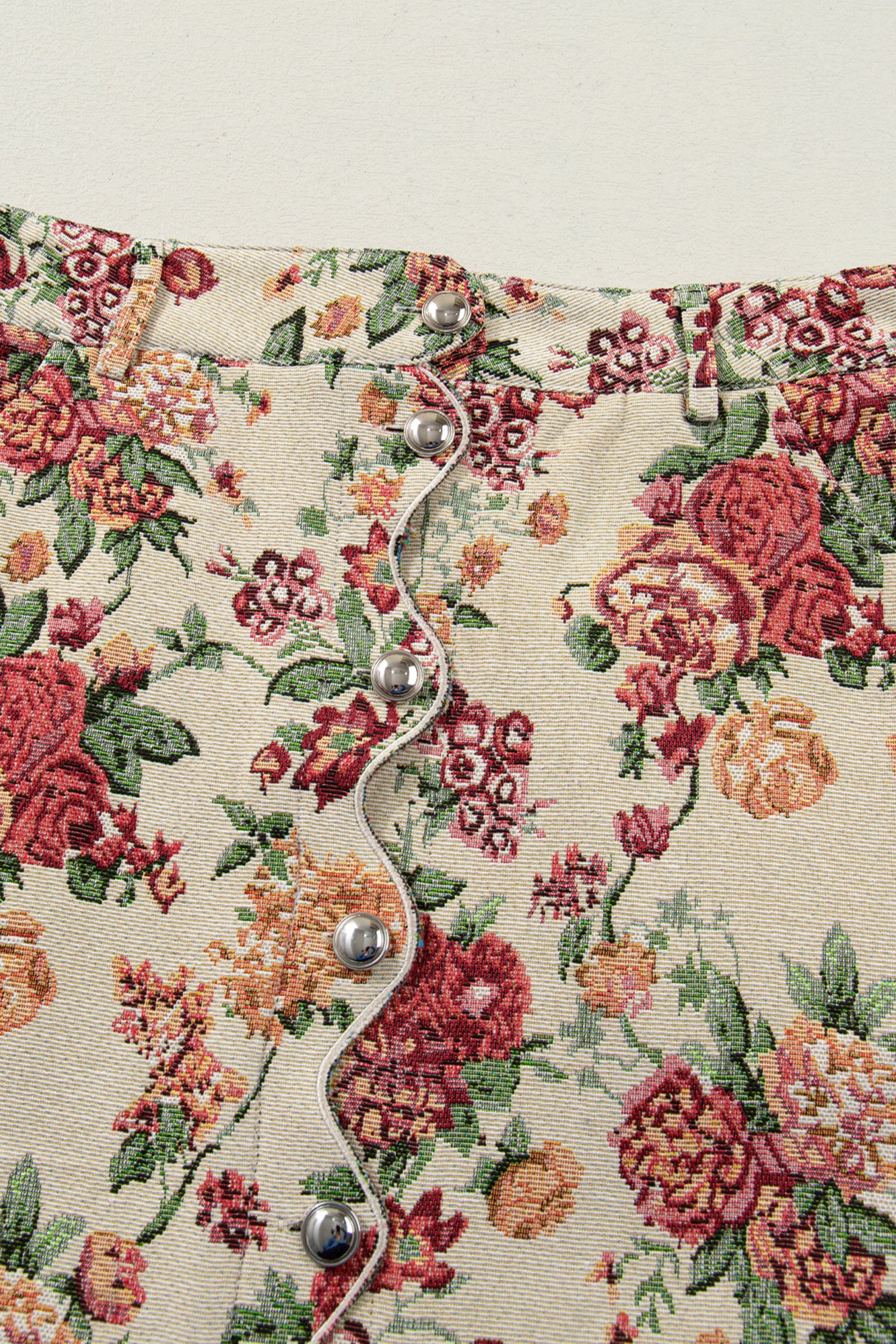 Apricot Buttoned Front Scalloped Trim Mini Jacquard Floral Skirt-Bottoms/Skirts & Petticoat-[Adult]-[Female]-2022 Online Blue Zone Planet