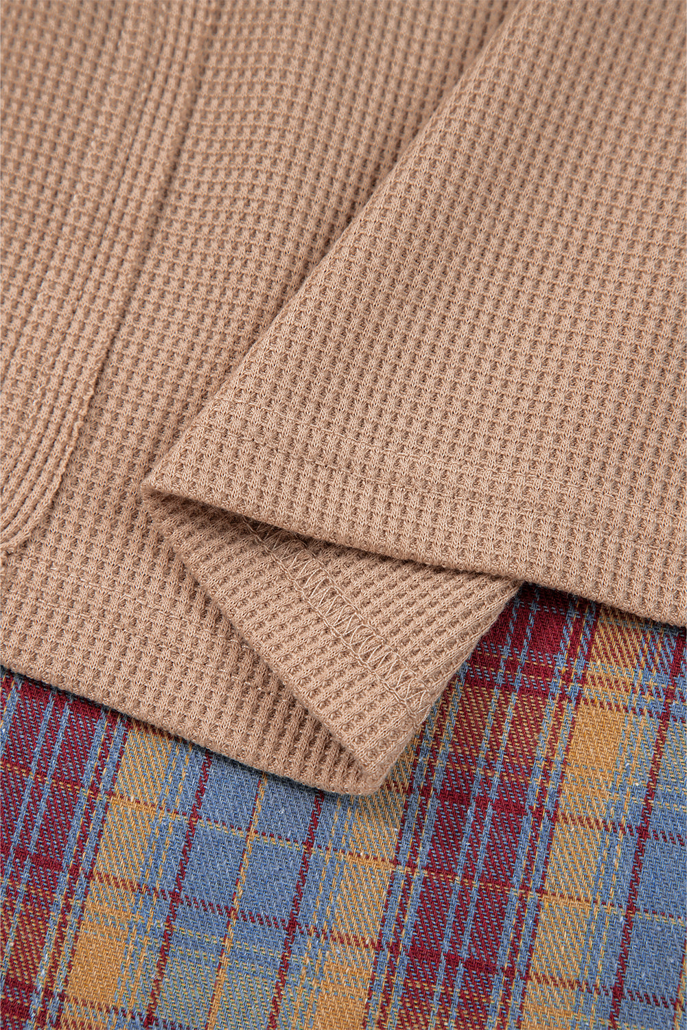 Straw Yellow Waffle Stripe Plaid Patchwork Henley Knit Top-Tops/Long Sleeve Tops-[Adult]-[Female]-2022 Online Blue Zone Planet