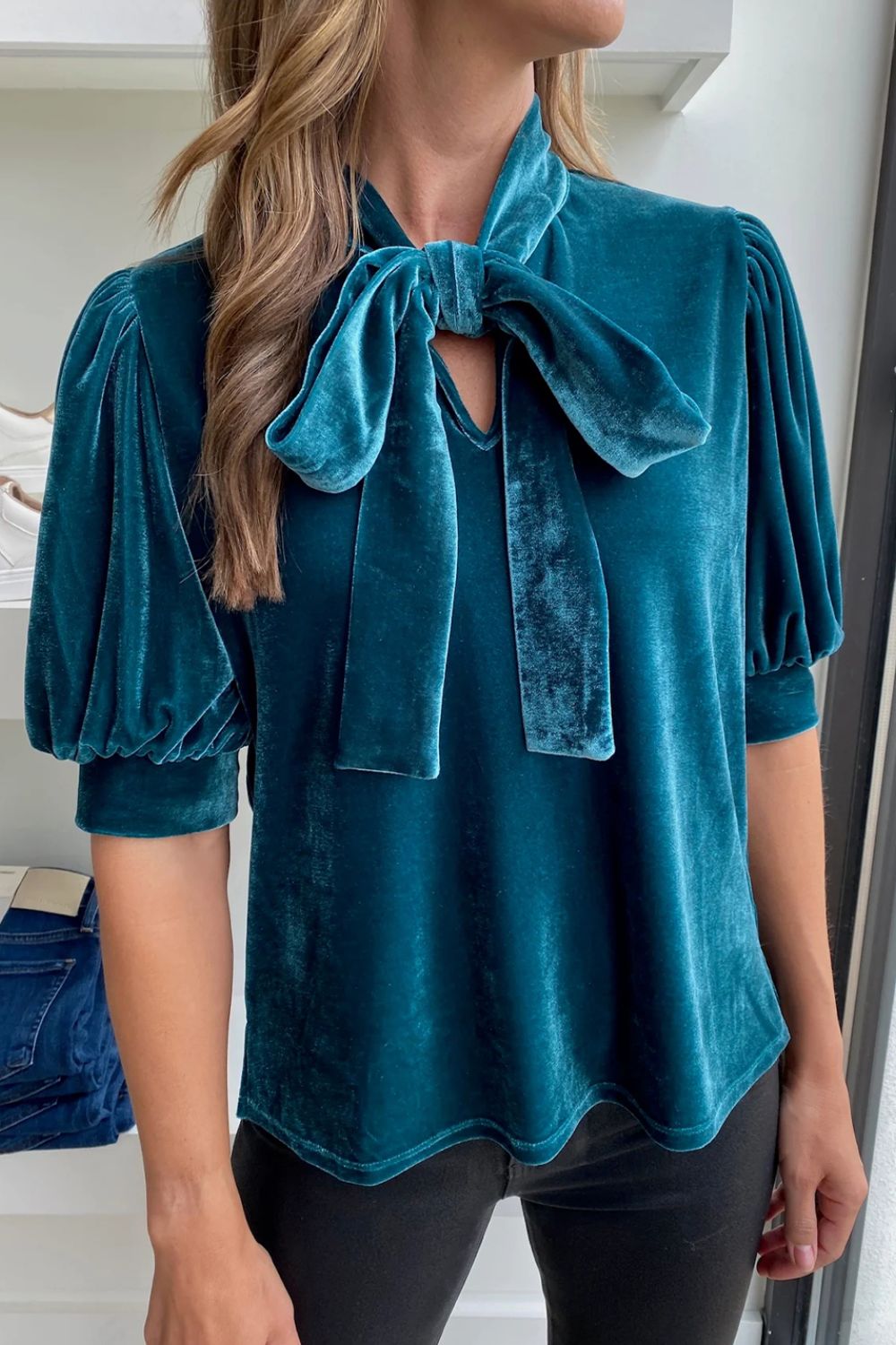 Tie Neck Half Sleeve Blouse-TOPS / DRESSES-[Adult]-[Female]-2022 Online Blue Zone Planet