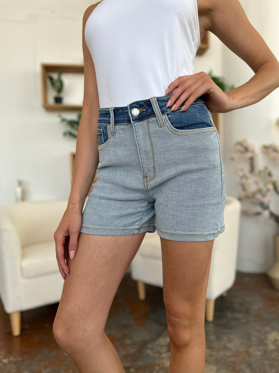 Judy Blue Full Size Color Block Denim Shorts-TOPS / DRESSES-[Adult]-[Female]-2022 Online Blue Zone Planet