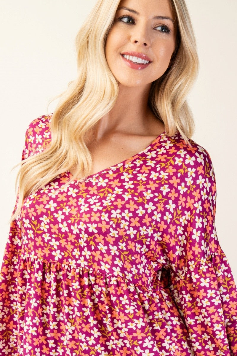 Celeste Full Size Floral V-Neck Balloon Sleeve Blouse-TOPS / DRESSES-[Adult]-[Female]-2022 Online Blue Zone Planet