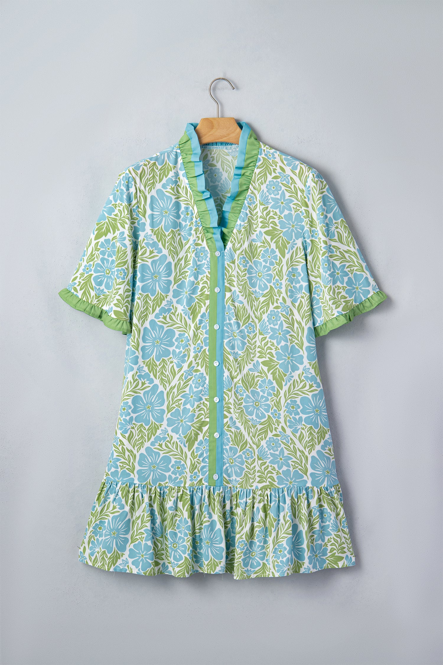 Sky Blue Botanical Floral Print Frilled Trim V Neck Button Front Loose Dress-Dresses/Floral Dresses-[Adult]-[Female]-2022 Online Blue Zone Planet