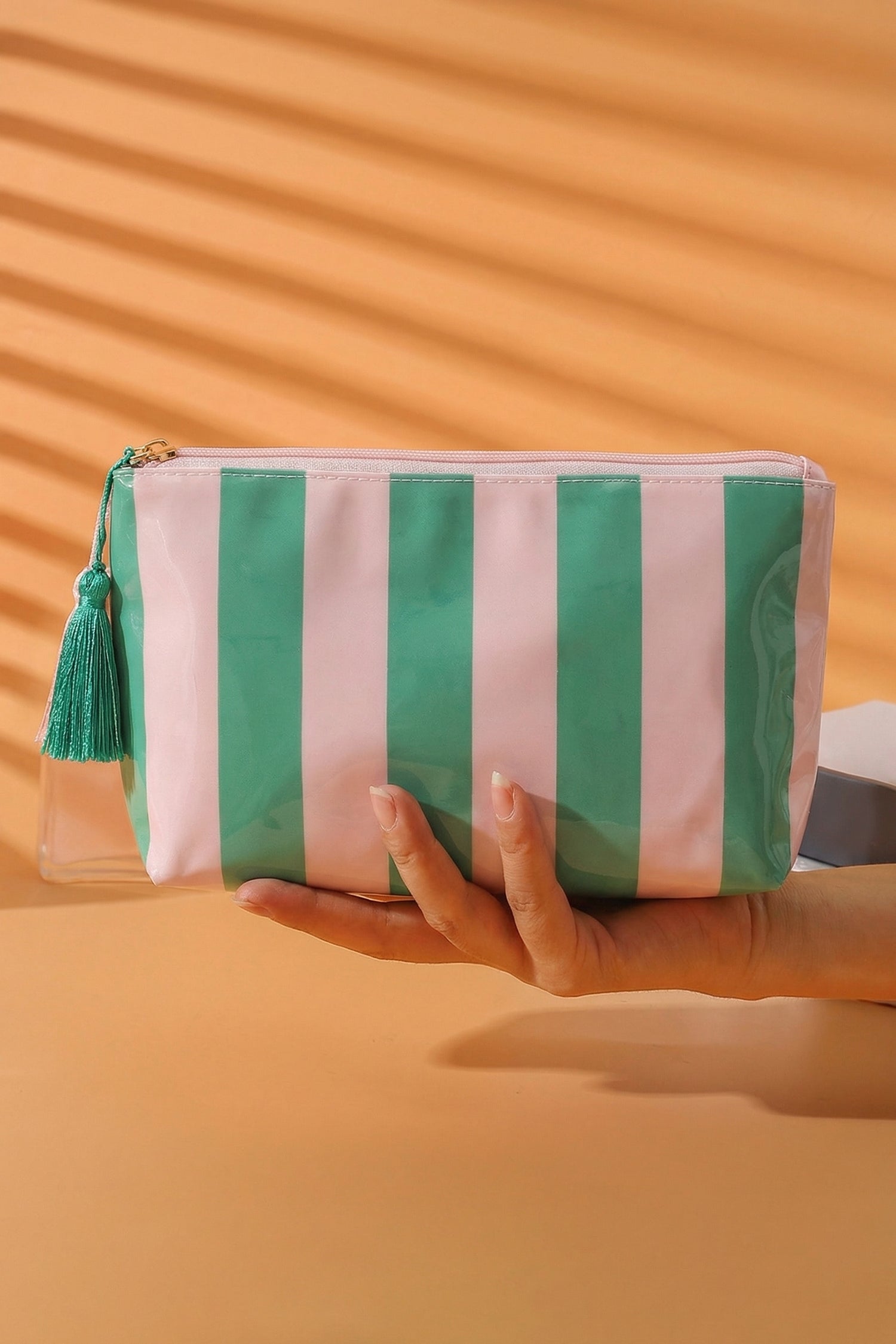 Dark Green Striped Vinyl Waterproof Tassel Zipper Makeup Bag-Shoes & Bags/Makeup Bags-[Adult]-[Female]-2022 Online Blue Zone Planet