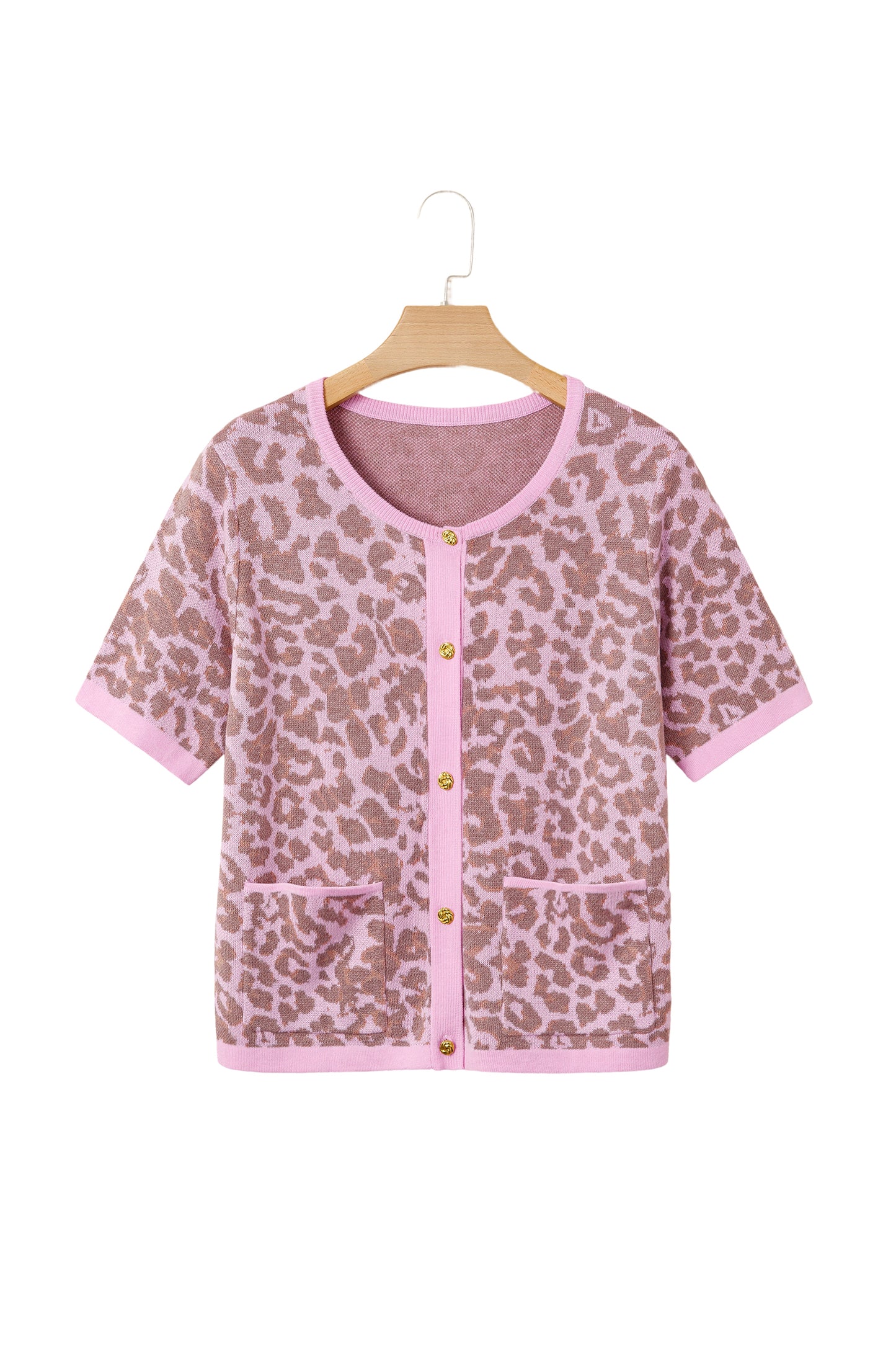 Pink Leopard Button Down Short Sleeve Sweater Cardigan-TOPS / DRESSES-[Adult]-[Female]-2022 Online Blue Zone Planet