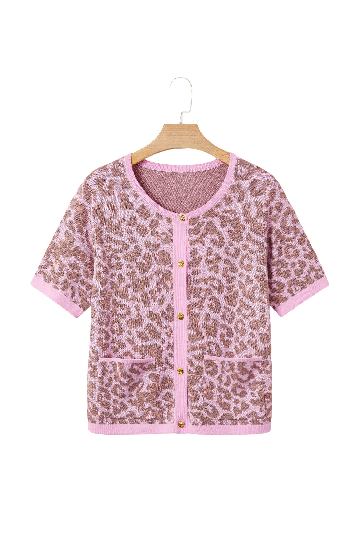 Pink Leopard Button Down Short Sleeve Sweater Cardigan-TOPS / DRESSES-[Adult]-[Female]-2022 Online Blue Zone Planet