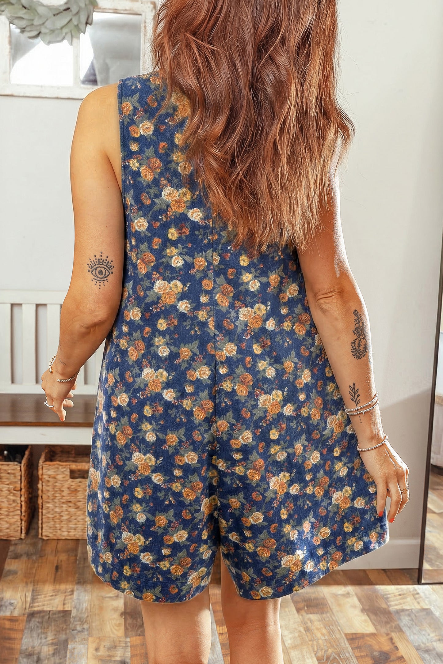 Blue Retro Floral Print Bow Tie V Neck Sleeveless Pleated Loose Denim Romper-Bottoms/Jumpsuits & Rompers-[Adult]-[Female]-2022 Online Blue Zone Planet