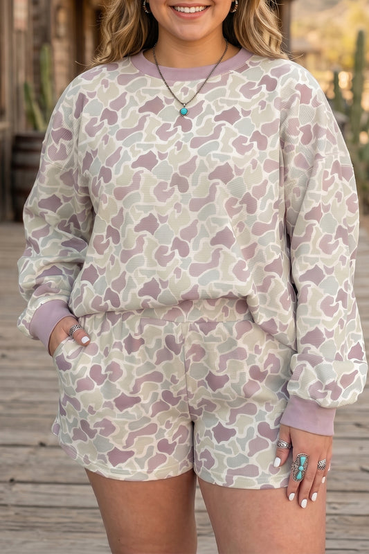 Green Camouflage Print Waffle Textured Pullover and Shorts Plus Size 2pcs Set-Plus Size/Plus Size Loungewear-[Adult]-[Female]-Green-1X-2022 Online Blue Zone Planet