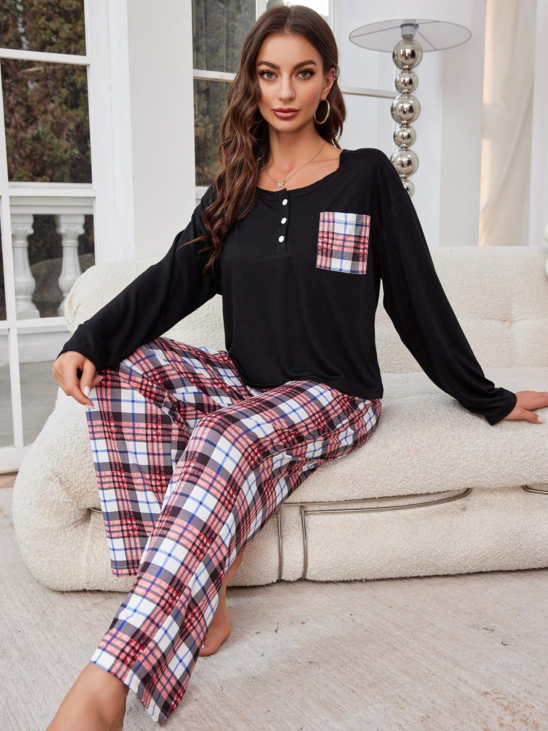 Round Neck Long Sleeve Top and Plaid Pants Lounge Set-TOPS / DRESSES-[Adult]-[Female]-2022 Online Blue Zone Planet