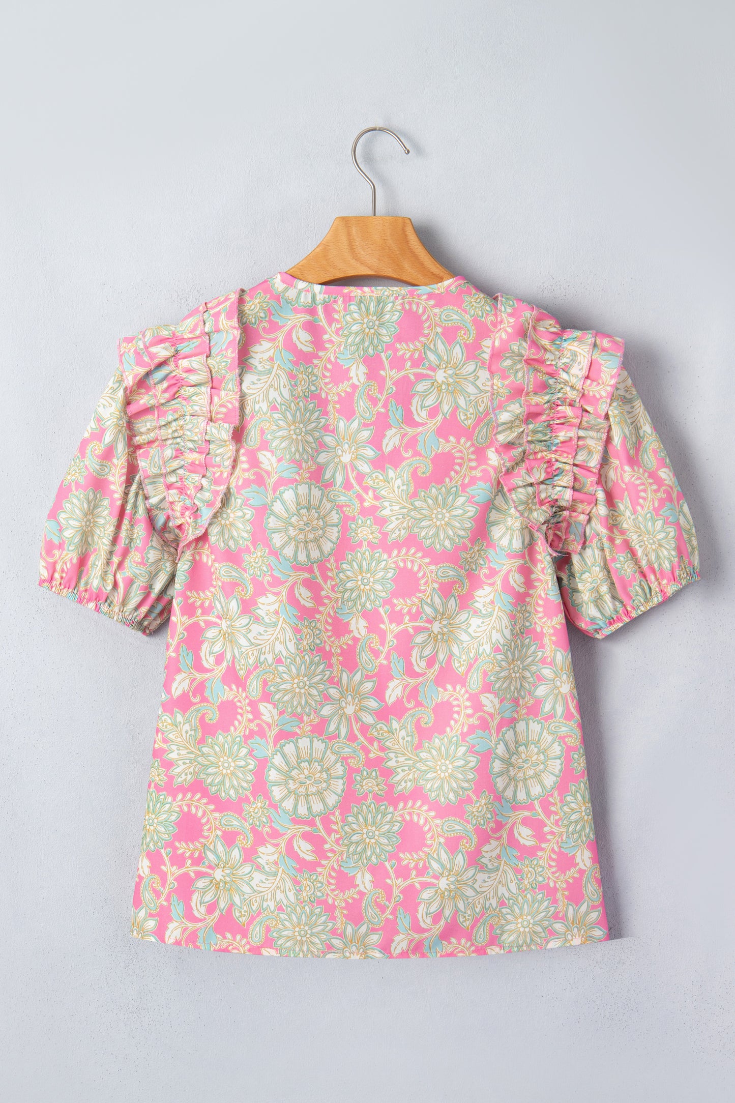 Pink Tie V Neck Floral Short Puff Sleeve Blouse-Tops/Blouses & Shirts-[Adult]-[Female]-2022 Online Blue Zone Planet