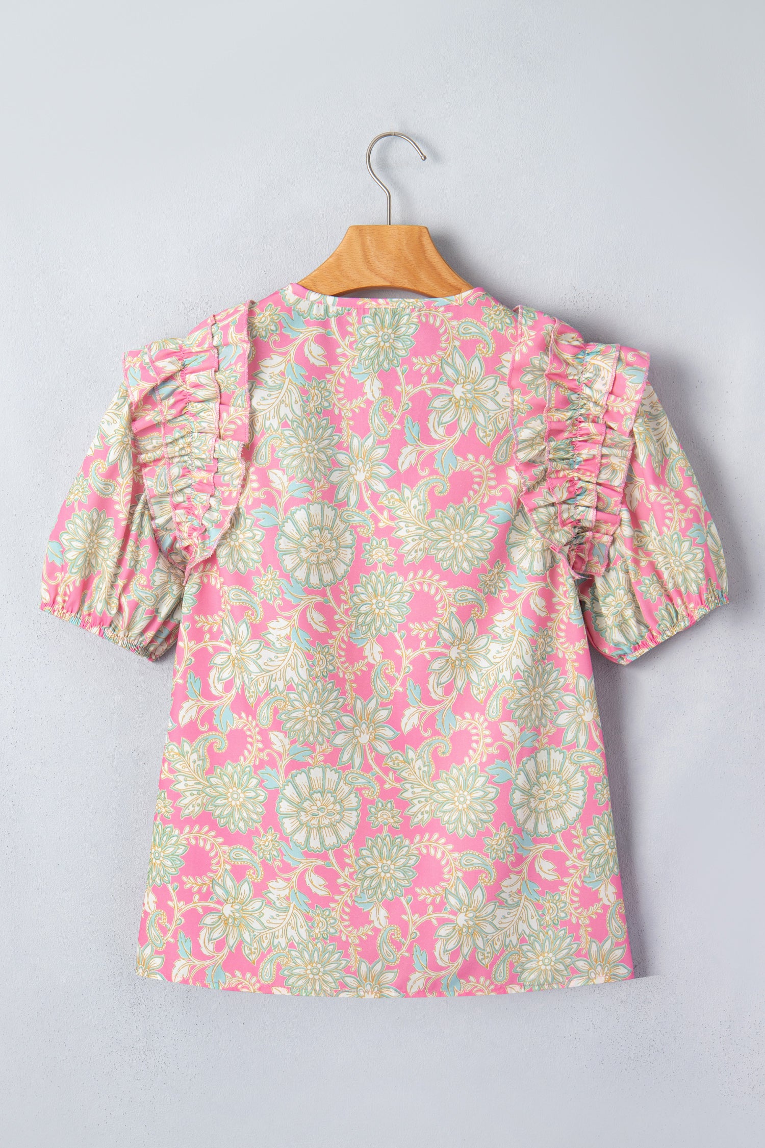 Pink Tie V Neck Floral Short Puff Sleeve Blouse-Tops/Blouses & Shirts-[Adult]-[Female]-2022 Online Blue Zone Planet