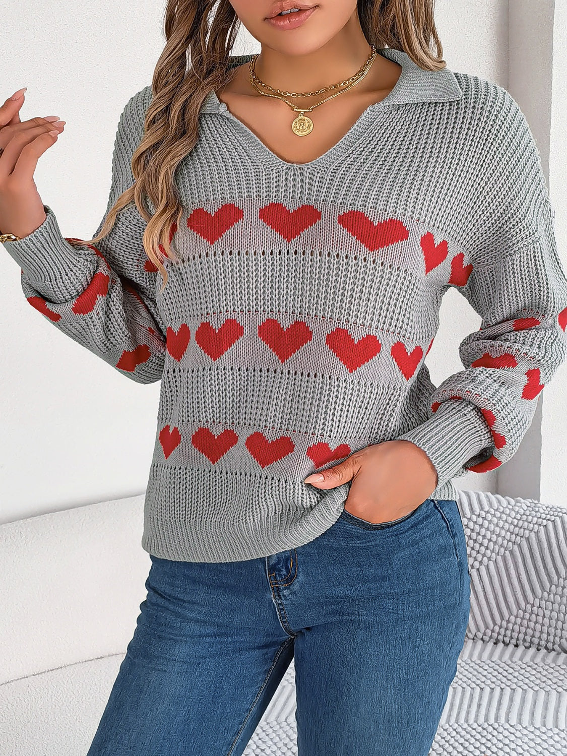 Blue Zone Planet | Heart Johnny Collar Long Sleeve Sweater-TOPS / DRESSES-[Adult]-[Female]-2022 Online Blue Zone Planet