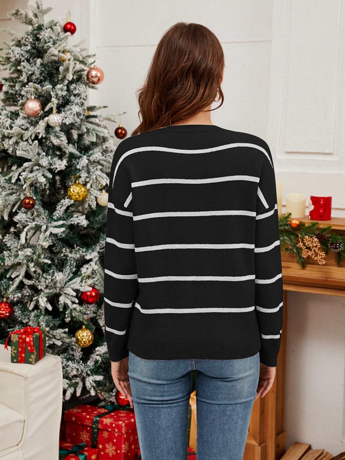 Blue Zone Planet | Sequin Santa Striped Round Neck Long Sleeve Sweater-TOPS / DRESSES-[Adult]-[Female]-2022 Online Blue Zone Planet