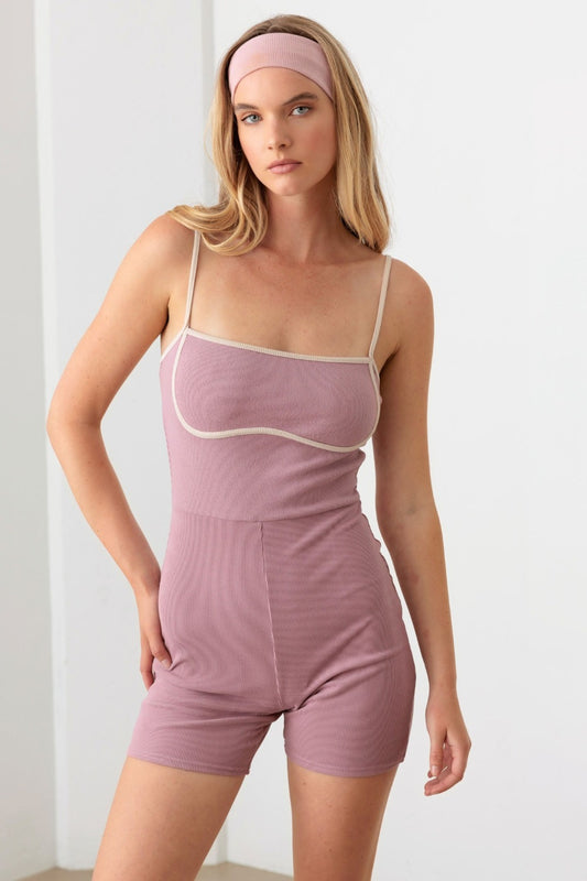 Le Lis Contrast Trim Ribbed Knit Bodycon Romper-TOPS / DRESSES-[Adult]-[Female]-Mauve Cream-XS-2022 Online Blue Zone Planet