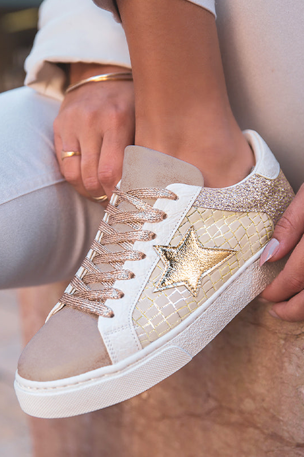 Gold Glitter Star Patchwork PU Leather Lace-up Sneakers-Shoes & Bags/Women's Shoes-[Adult]-[Female]-2022 Online Blue Zone Planet